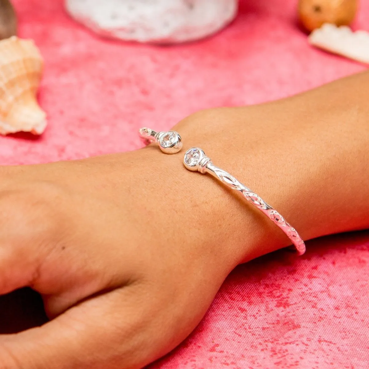 Medium Bangle with White CZ April Birthstone