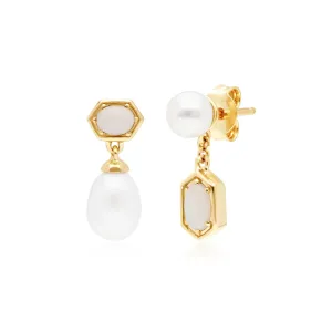 Moderne Perle & Opal Asymmetrische Tropfen Ohrringe in Vergoldetem Sterling Silber