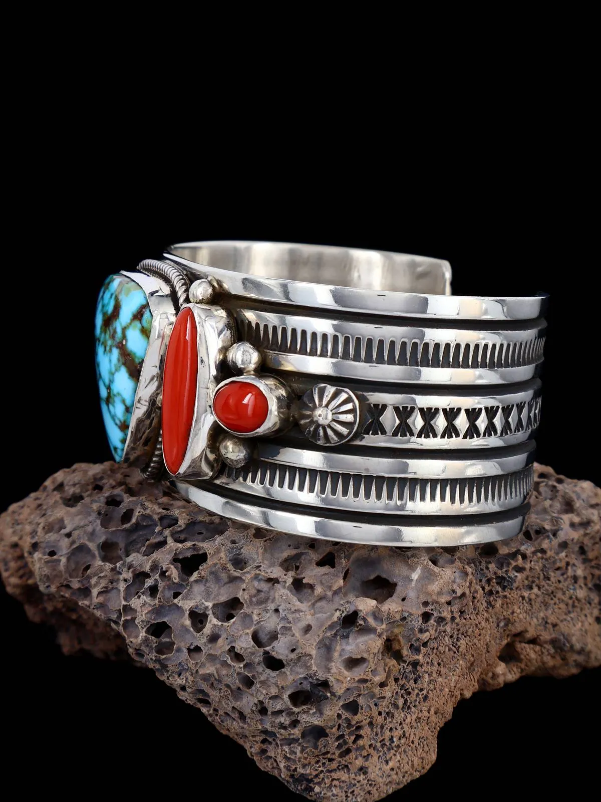 Native American Jewelry Coral and Kingman Turquoise Bracelet