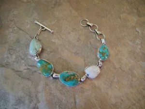 Native American Made Multi-Stone Turquoise Link Bracelet from Five Different Mines and Sterling Silver Link Bracelet
