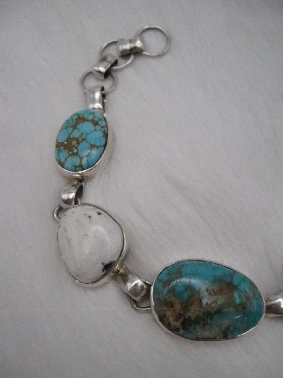 Native American Made Multi-Stone Turquoise Link Bracelet from Five Different Mines and Sterling Silver Link Bracelet
