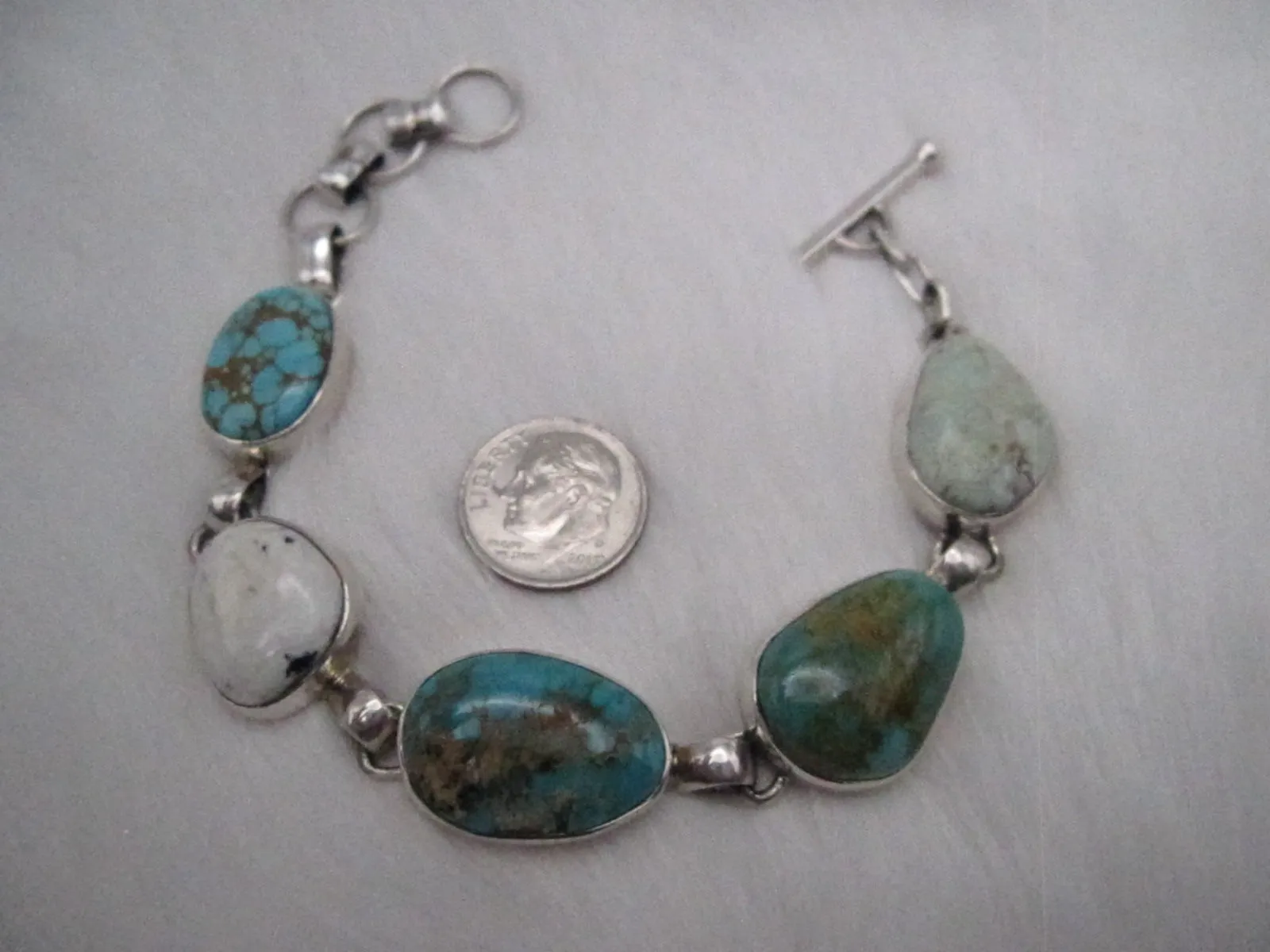 Native American Made Multi-Stone Turquoise Link Bracelet from Five Different Mines and Sterling Silver Link Bracelet