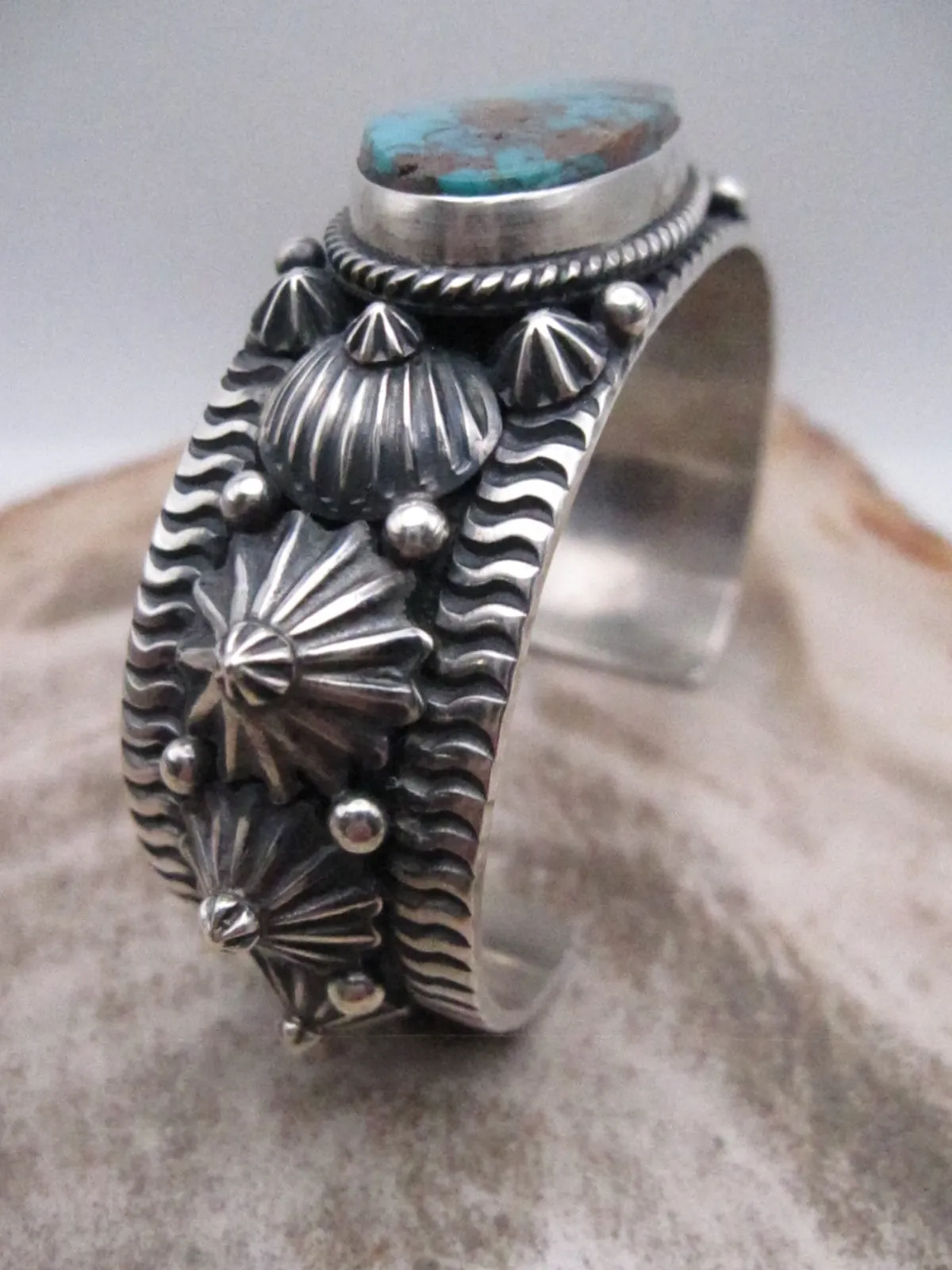 Native American Made Pilot Mountain Turquoise and Sterling Silver Cuff Bracelet