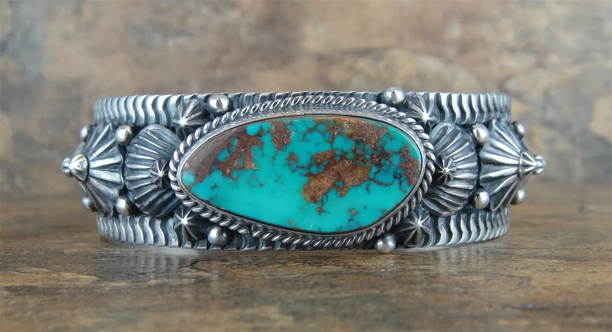 Native American Made Pilot Mountain Turquoise and Sterling Silver Cuff Bracelet