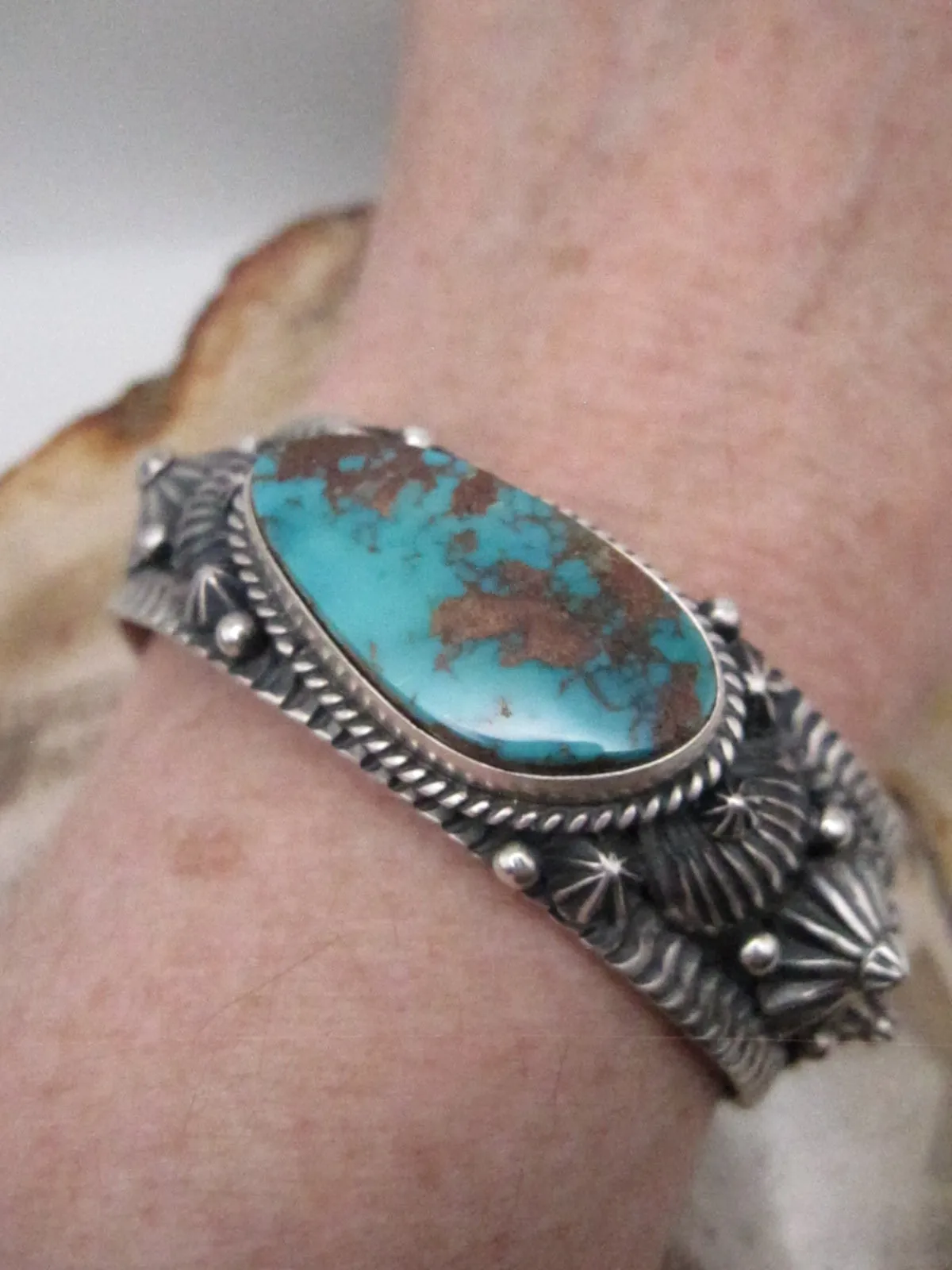 Native American Made Pilot Mountain Turquoise and Sterling Silver Cuff Bracelet