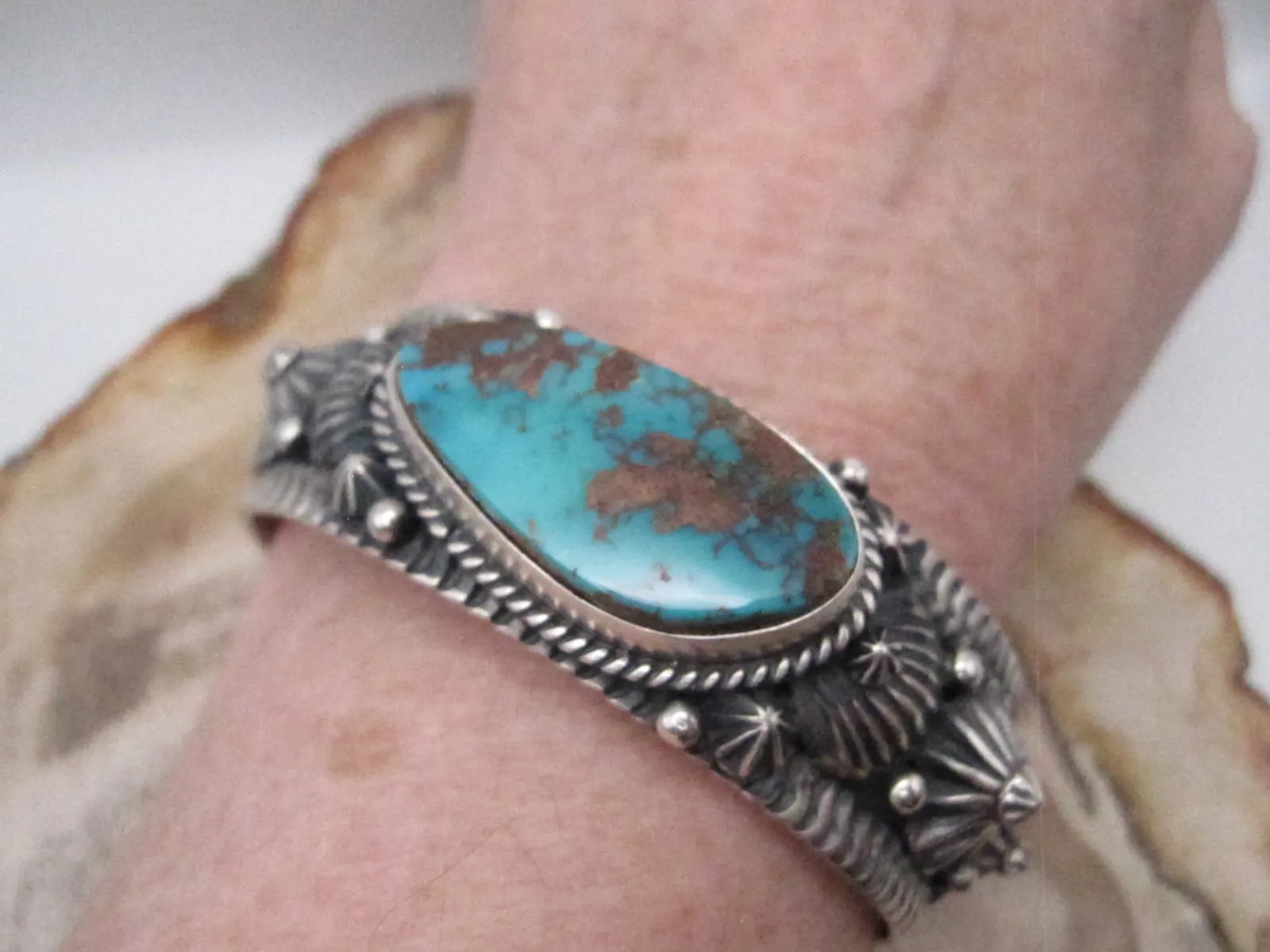Native American Made Pilot Mountain Turquoise and Sterling Silver Cuff Bracelet
