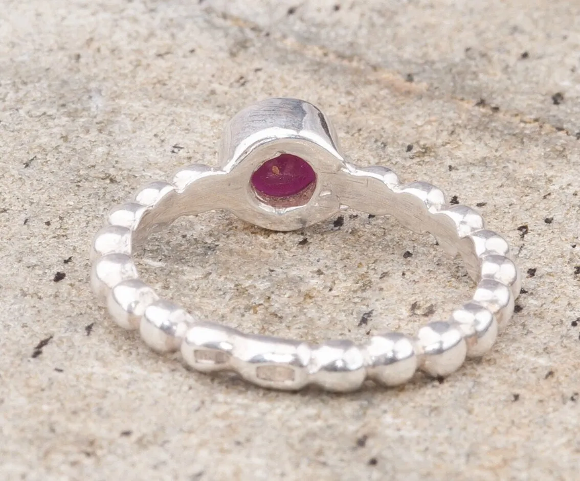 Natural Ruby Ring - Red Bezel Ring - Silver Bubble Band