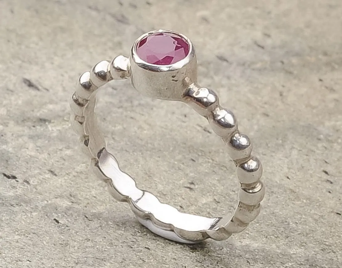 Natural Ruby Ring - Red Bezel Ring - Silver Bubble Band
