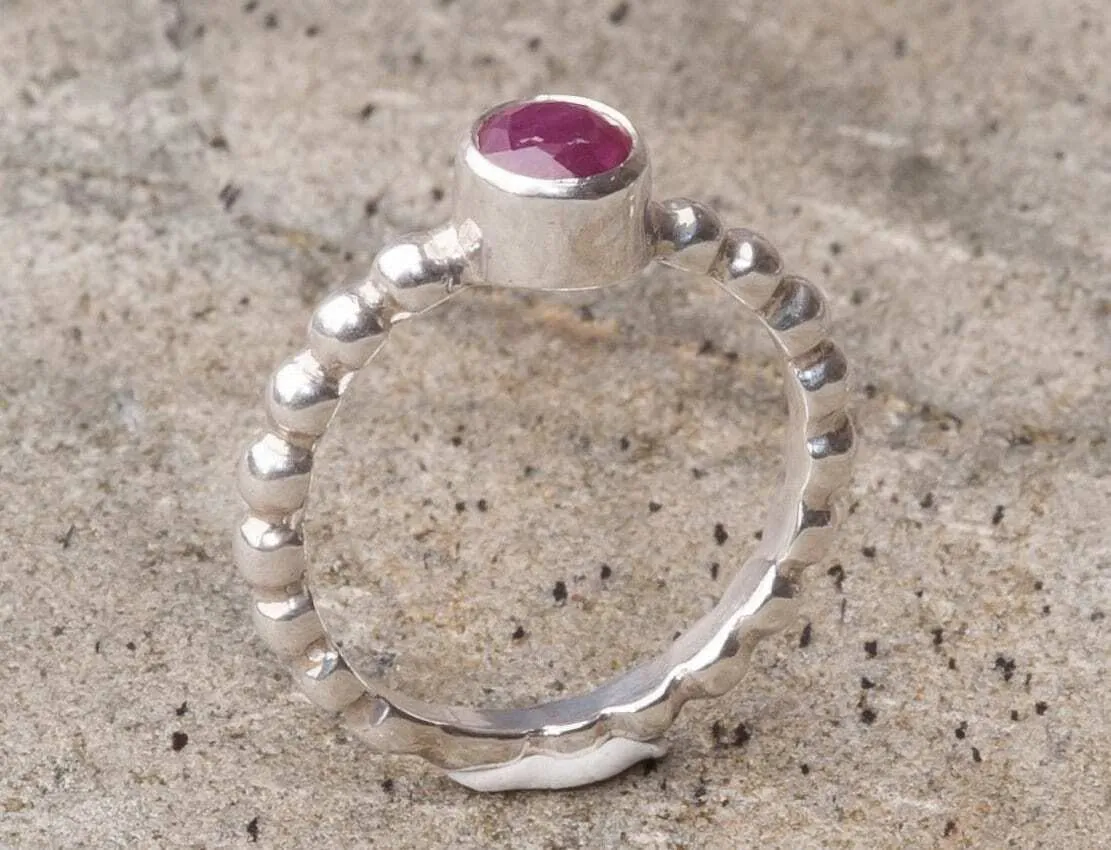 Natural Ruby Ring - Red Bezel Ring - Silver Bubble Band