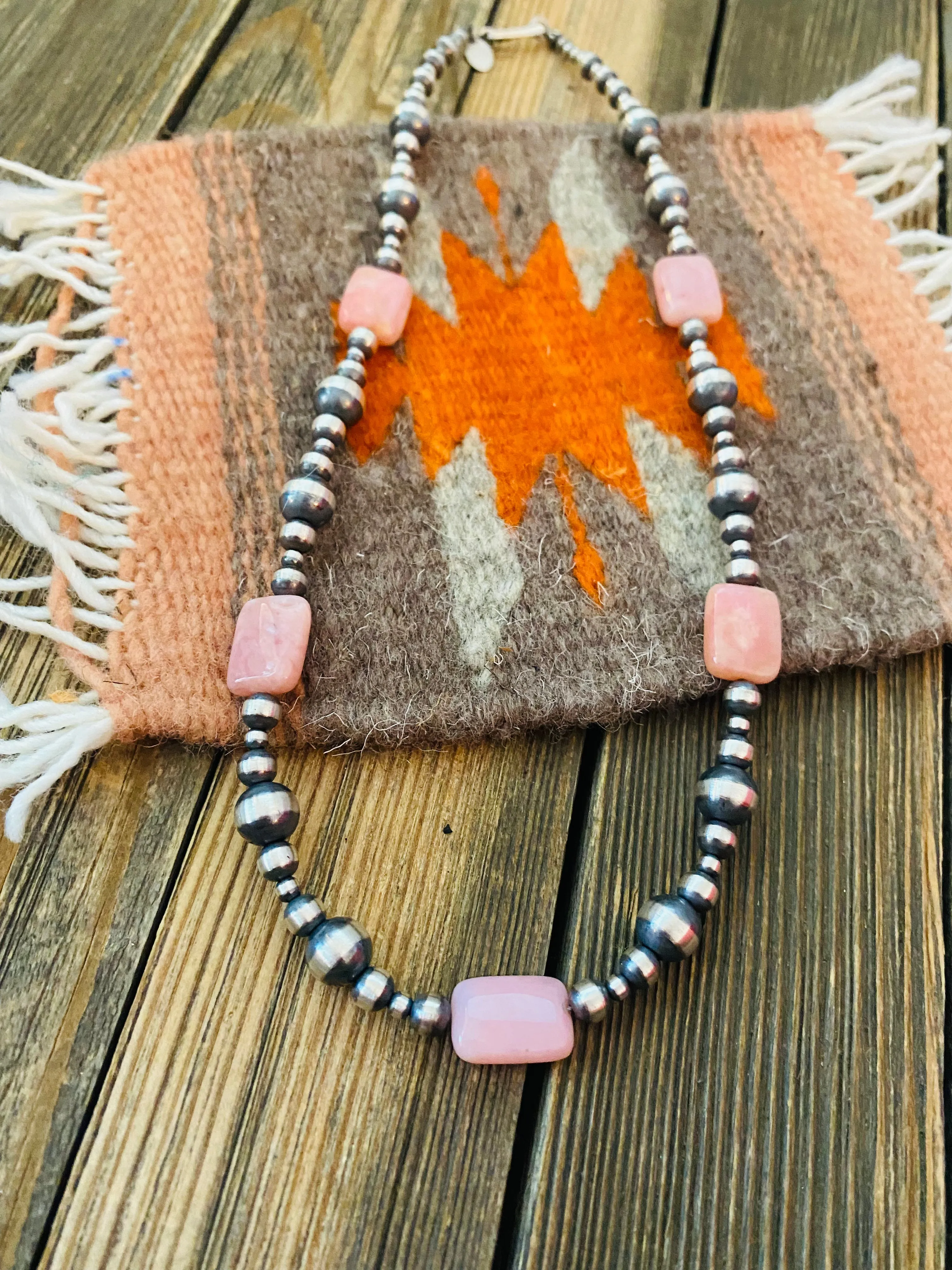 Navajo Sterling Silver Pearl & Pink triangle Opal Beaded Necklace 18 inch