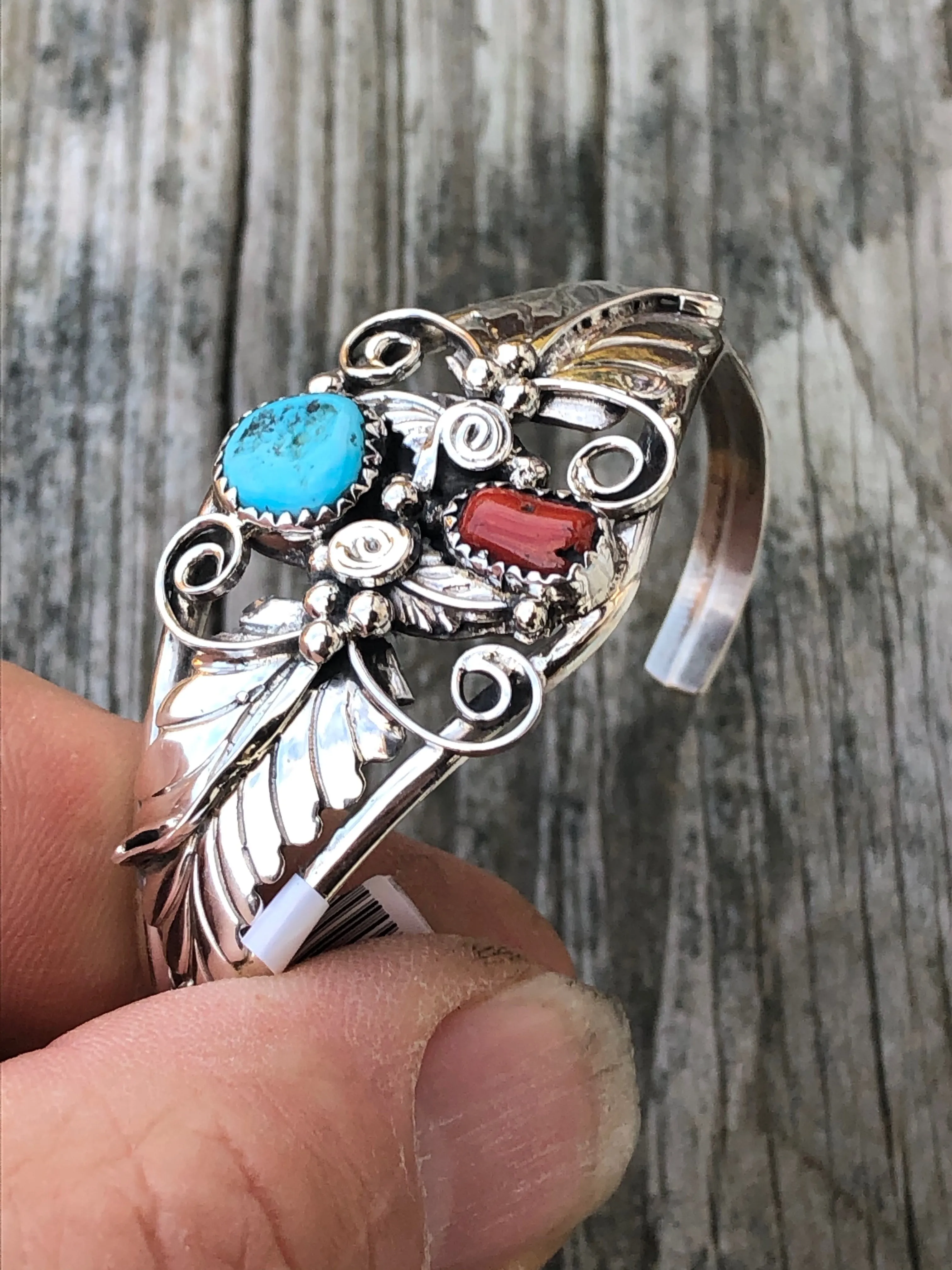 Navajo turquoise and Coral sterling silver leaf bracelet