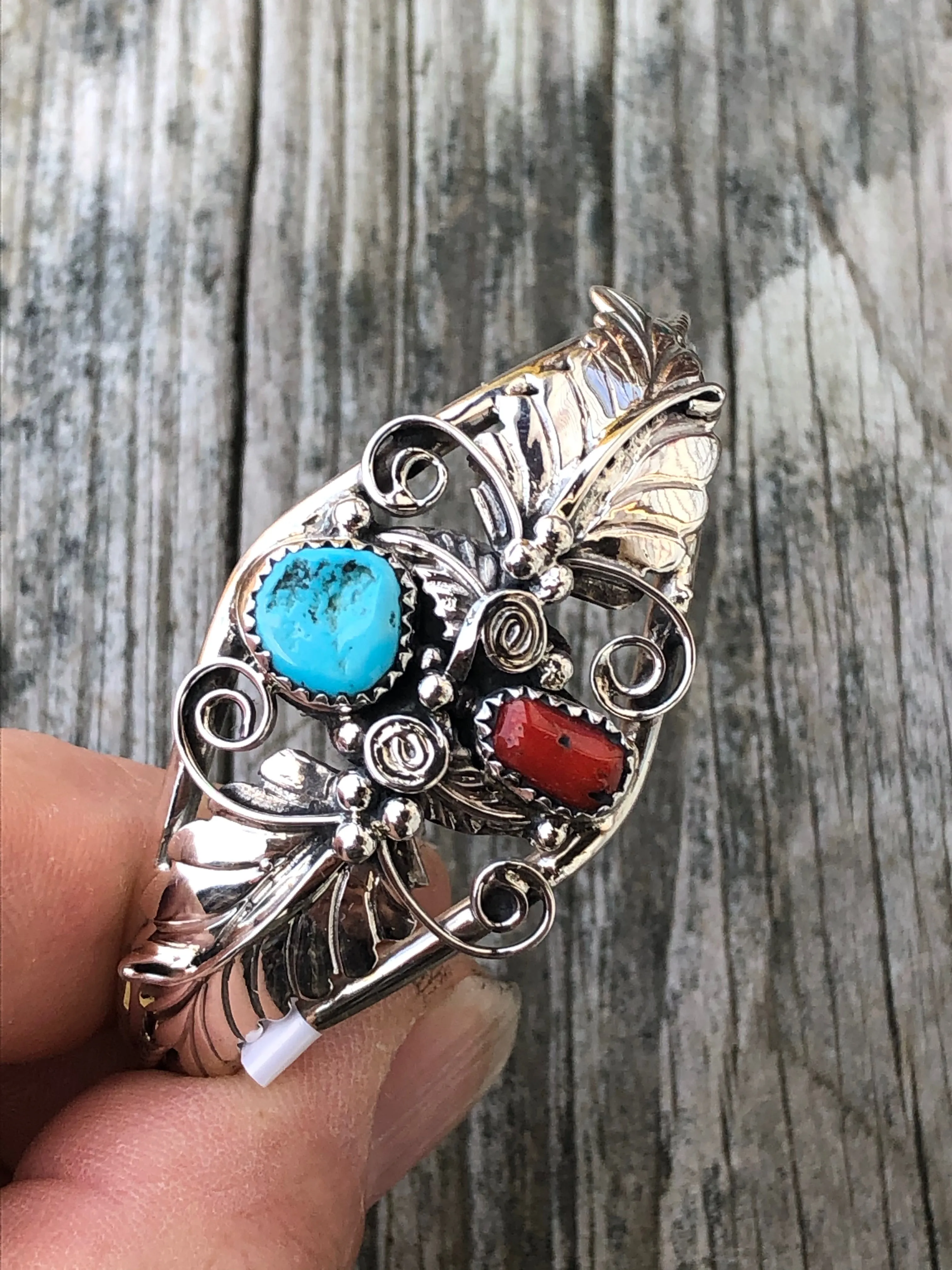 Navajo turquoise and Coral sterling silver leaf bracelet