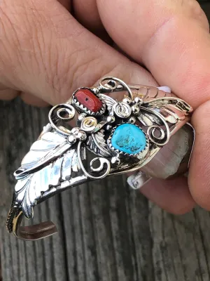 Navajo turquoise and Coral sterling silver leaf bracelet