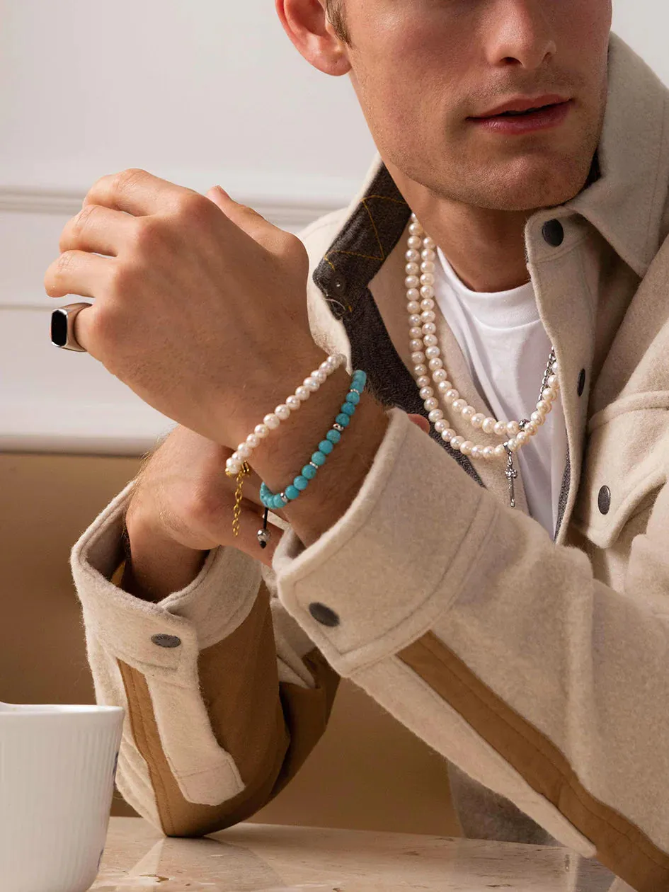 Nialaya Men's Beaded Bracelet with Turquoise and Silver