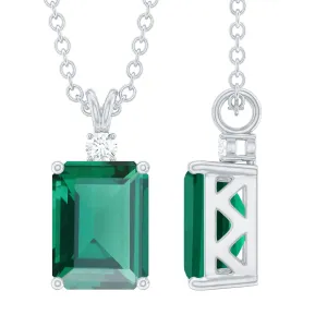 Octagon Cut Created Emerald Solitaire Pendant with Dainty Moissanite
