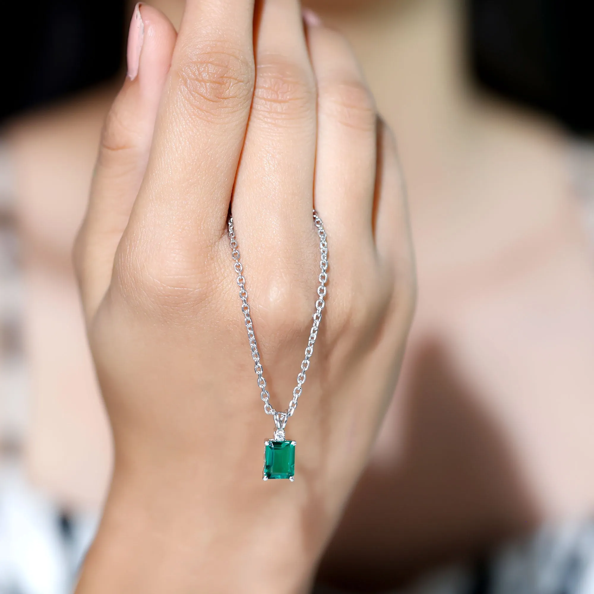 Octagon Cut Created Emerald Solitaire Pendant with Dainty Moissanite