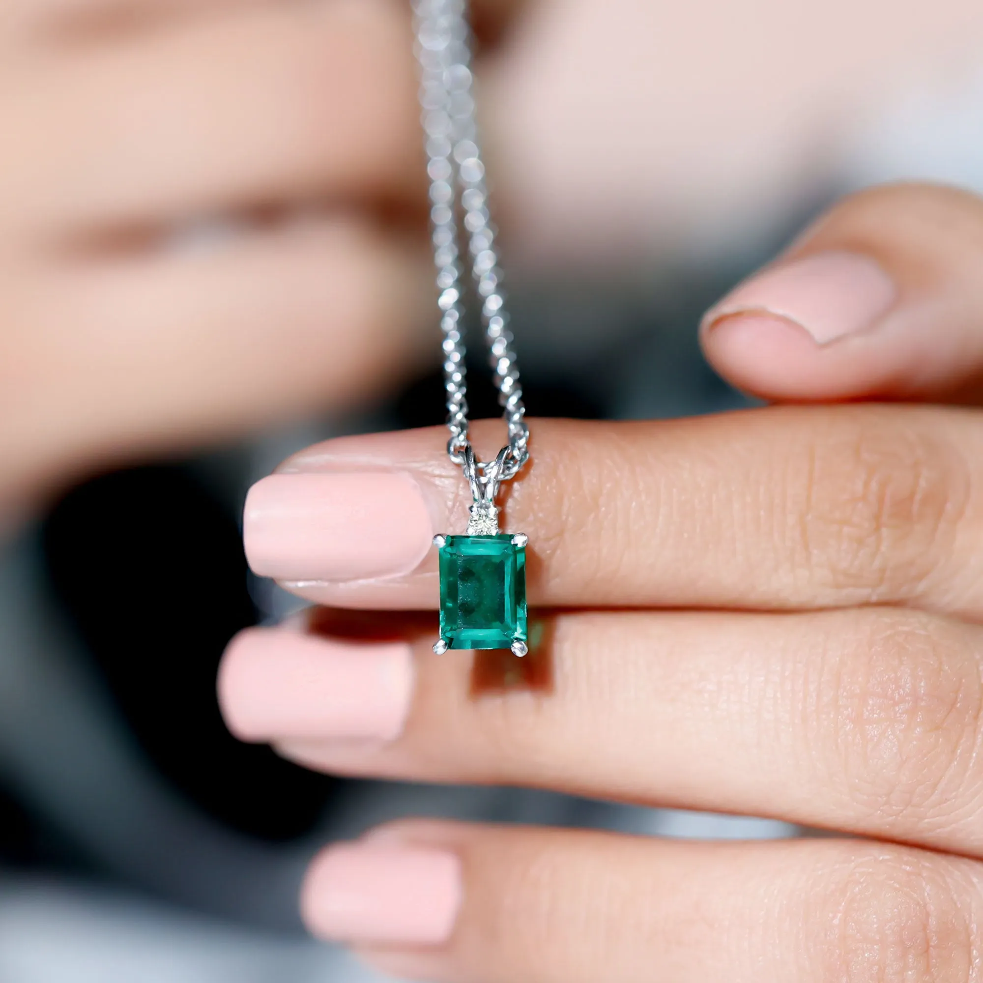 Octagon Cut Created Emerald Solitaire Pendant with Dainty Moissanite