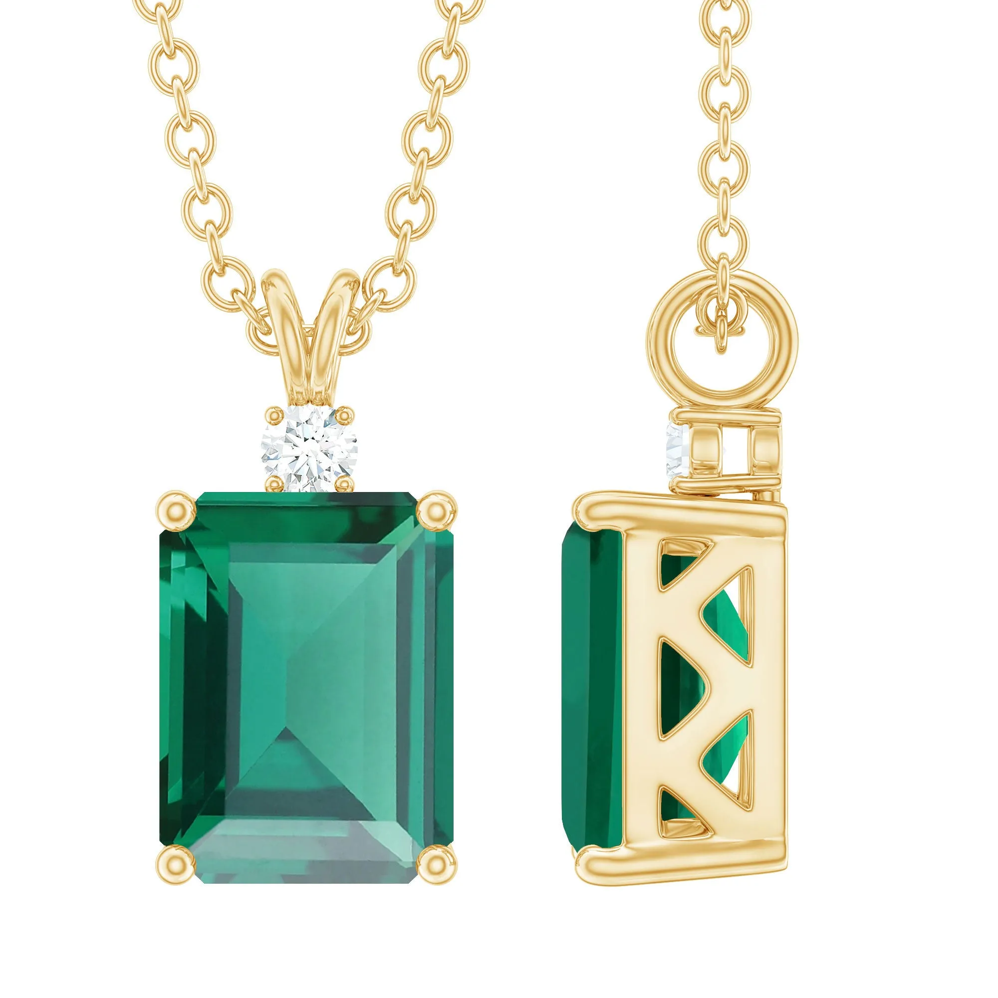 Octagon Cut Created Emerald Solitaire Pendant with Dainty Moissanite