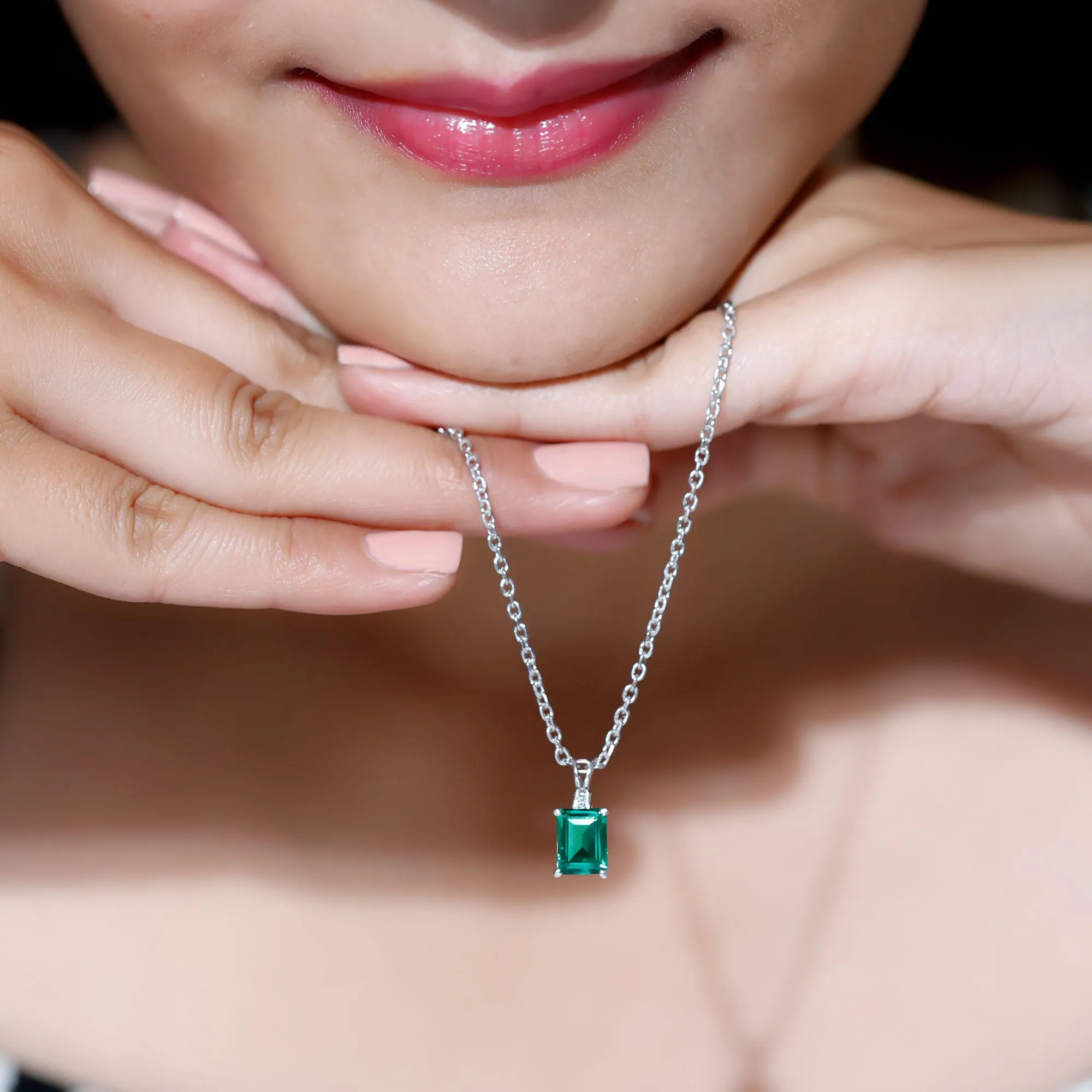 Octagon Cut Created Emerald Solitaire Pendant with Dainty Moissanite