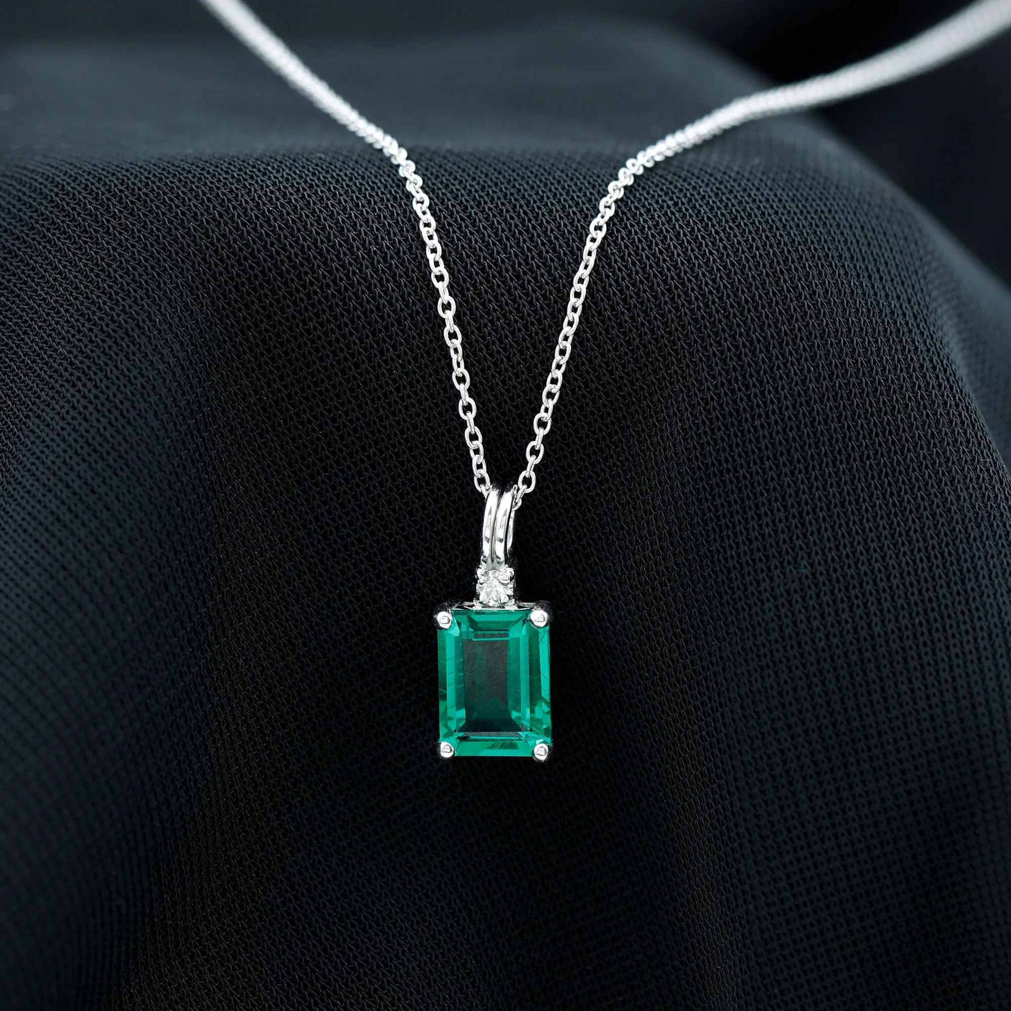 Octagon Cut Created Emerald Solitaire Pendant with Dainty Moissanite