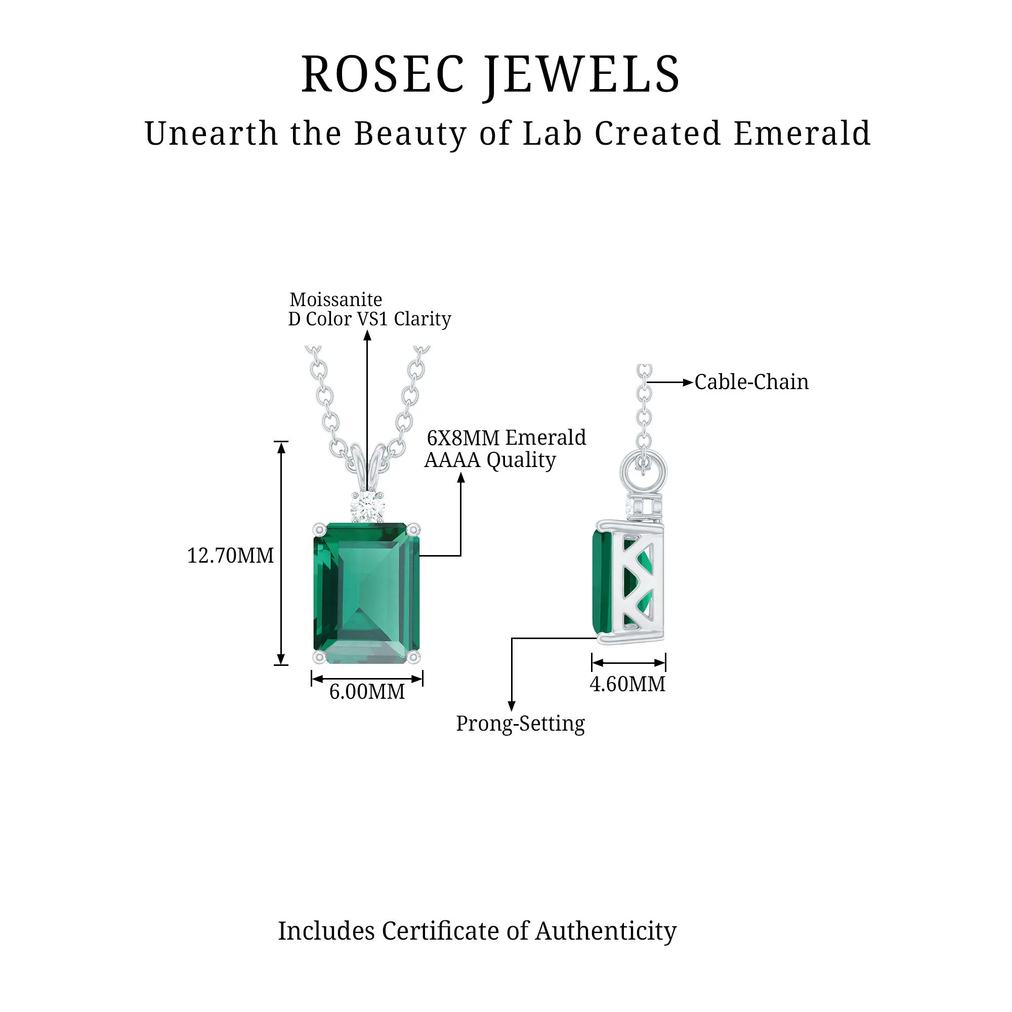 Octagon Cut Created Emerald Solitaire Pendant with Dainty Moissanite