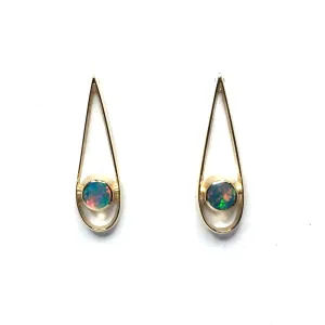 Opal Earrings Round Inlaid Open Tear Drop Design Studs