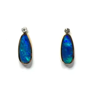 Opal Earrings Tear Drop Inlaid Design with .04ctw Round Diamonds