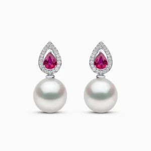 Ophelia 18K Gold Pearl Ruby and Pear Cut Diamond Earrings