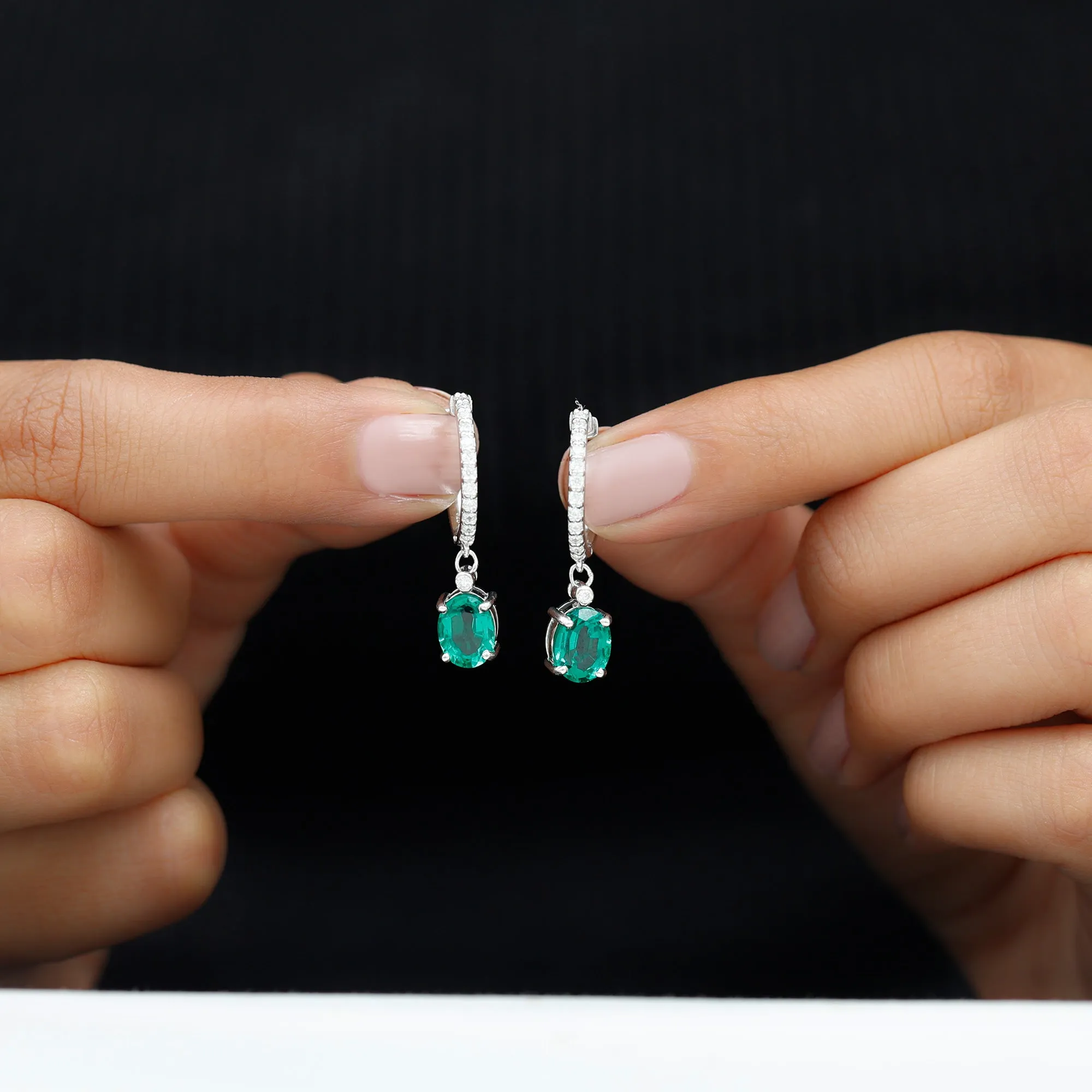 Oval Created Emerald and Diamond Hoop Drop Earrings