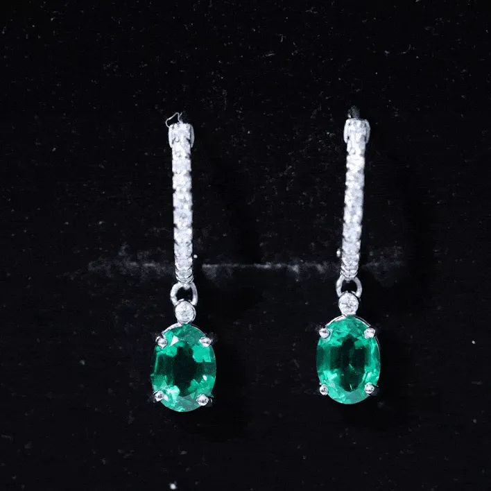 Oval Created Emerald and Diamond Hoop Drop Earrings