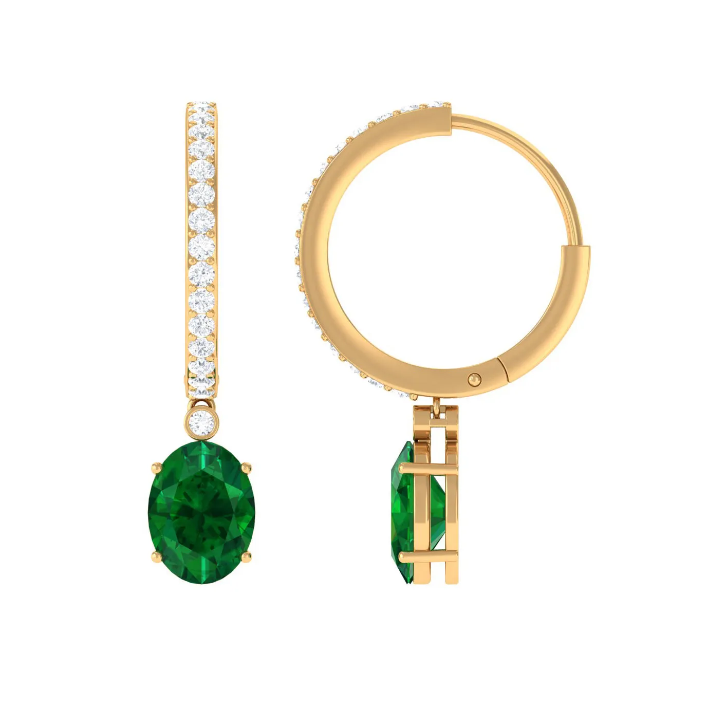 Oval Created Emerald and Diamond Hoop Drop Earrings