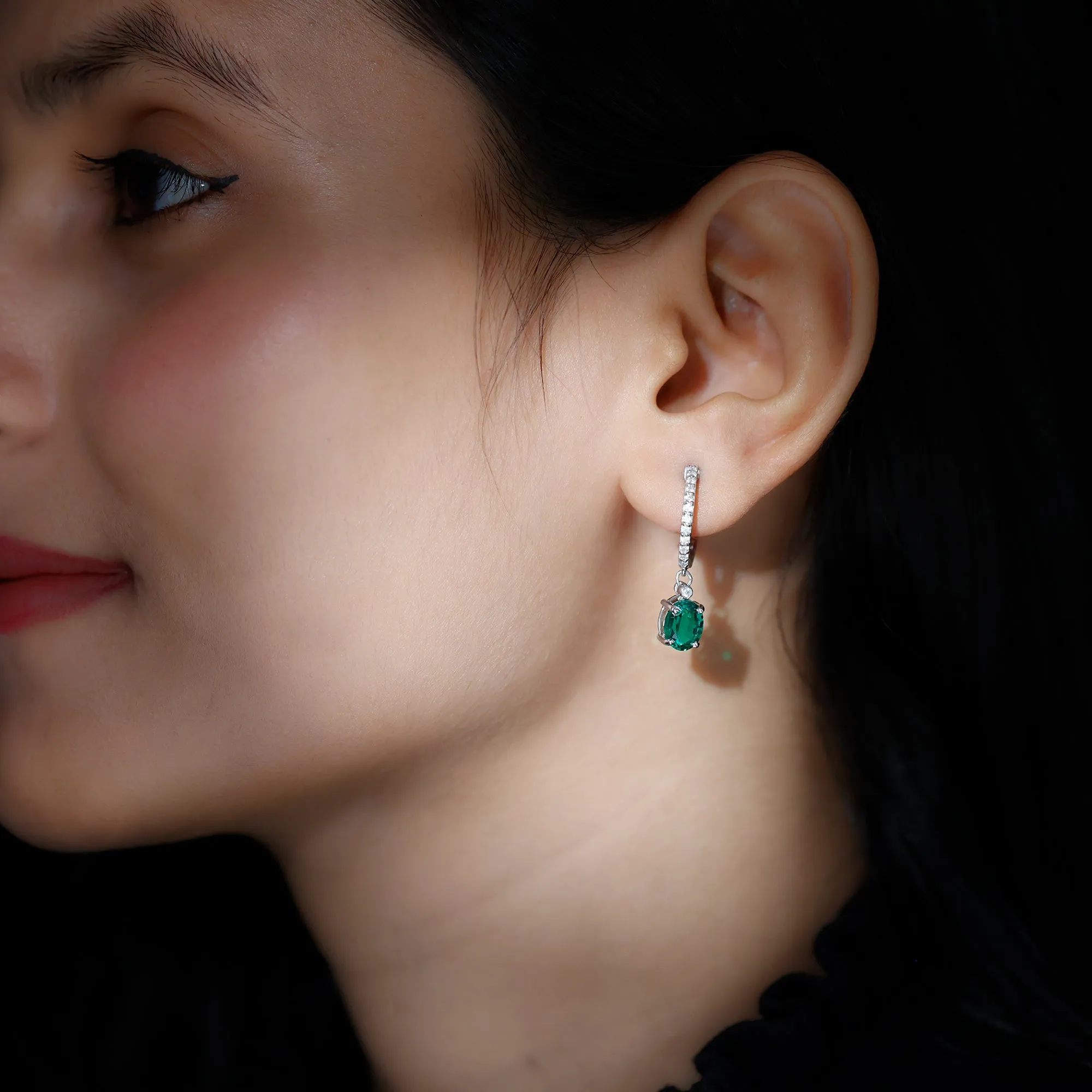 Oval Created Emerald and Diamond Hoop Drop Earrings