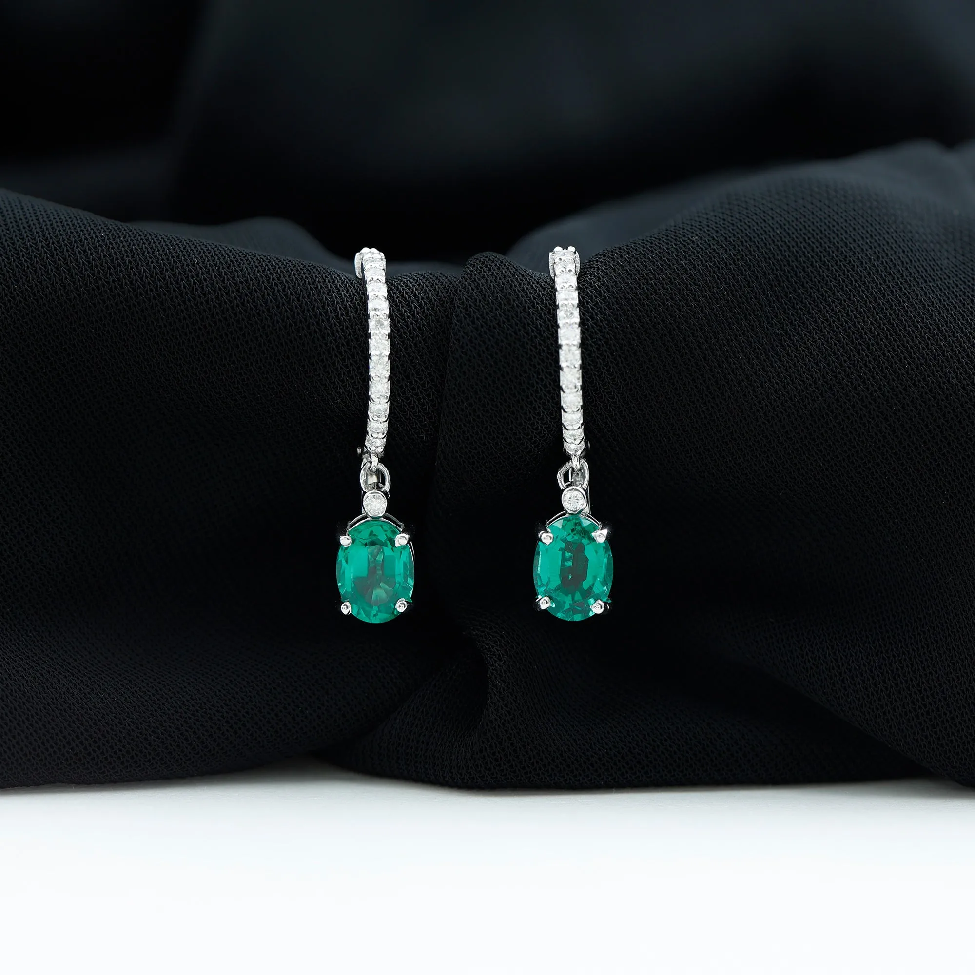 Oval Created Emerald and Diamond Hoop Drop Earrings