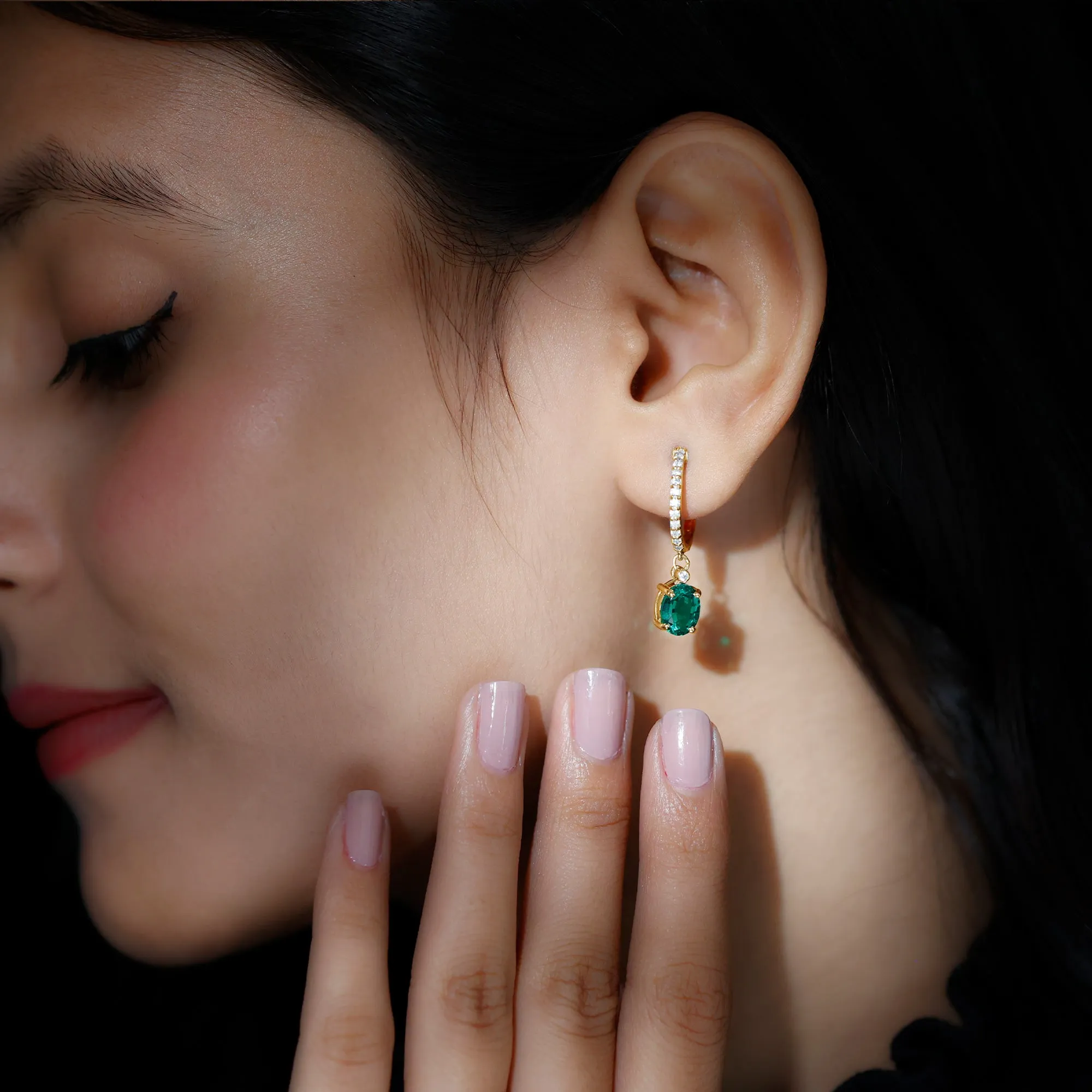 Oval Created Emerald and Diamond Hoop Drop Earrings