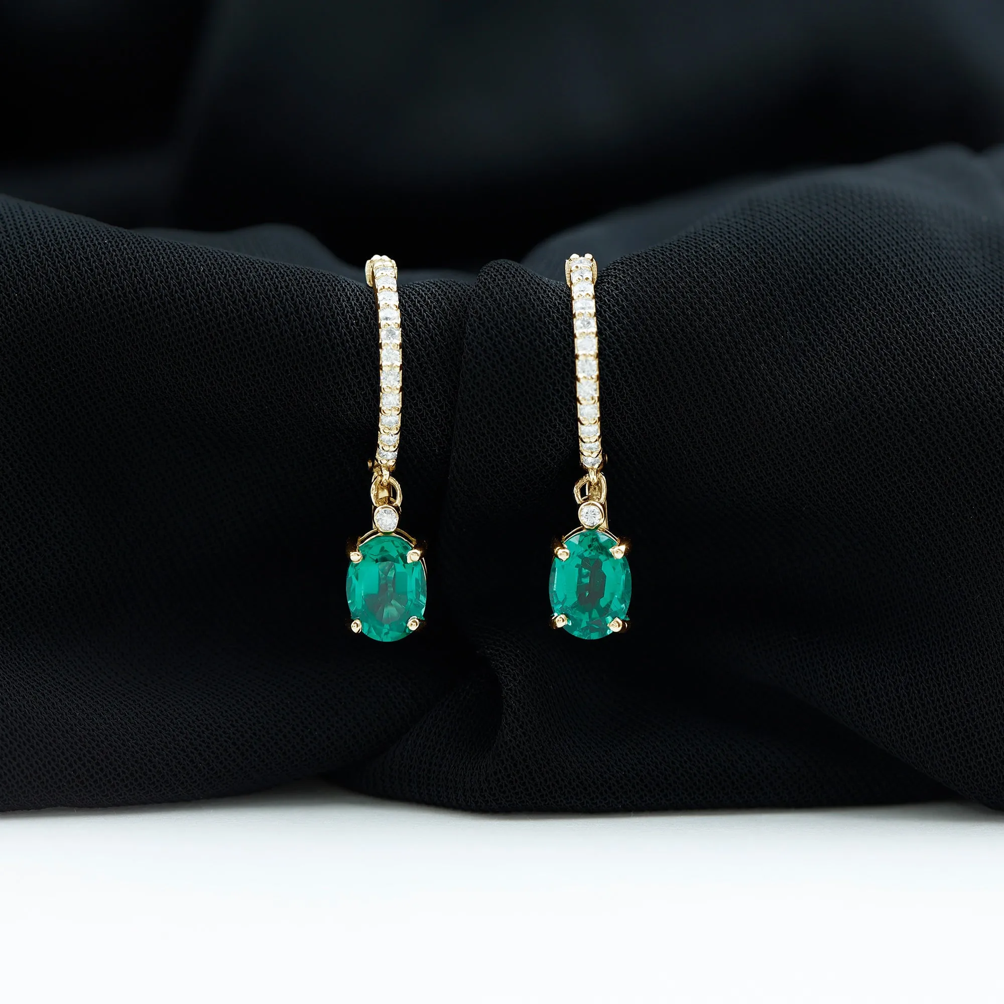 Oval Created Emerald and Diamond Hoop Drop Earrings