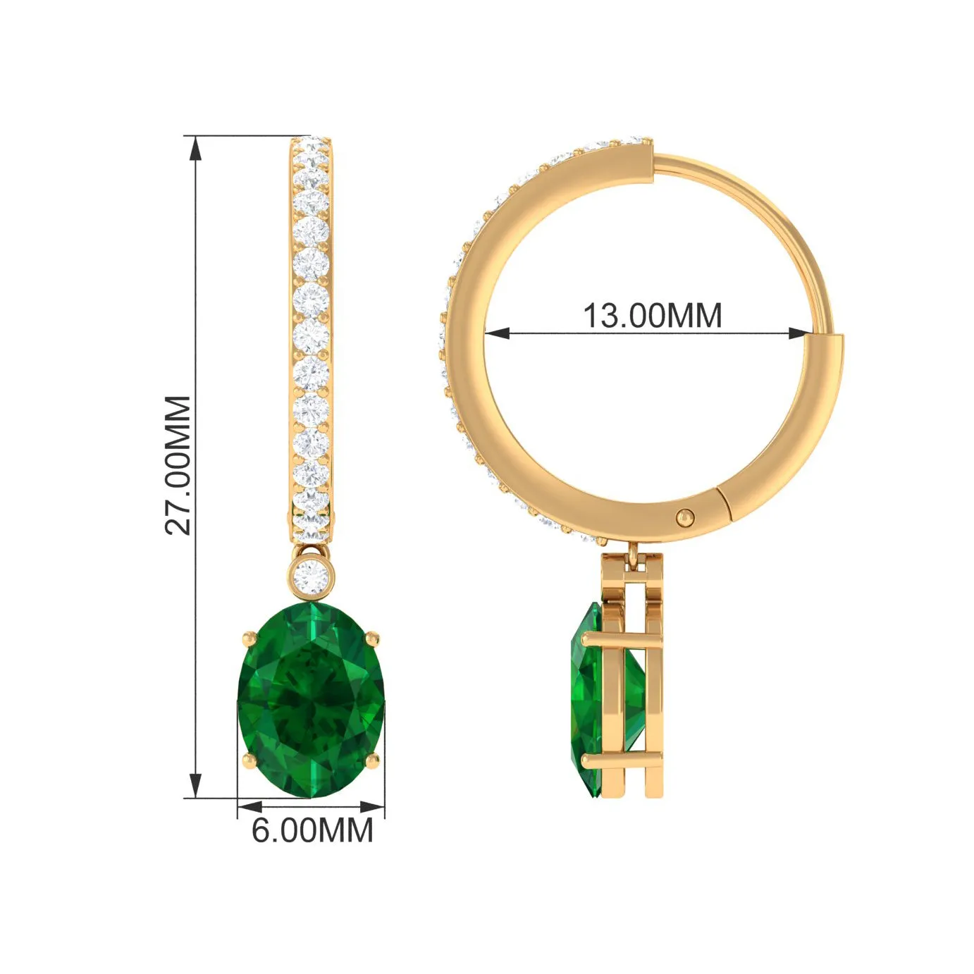 Oval Created Emerald and Diamond Hoop Drop Earrings