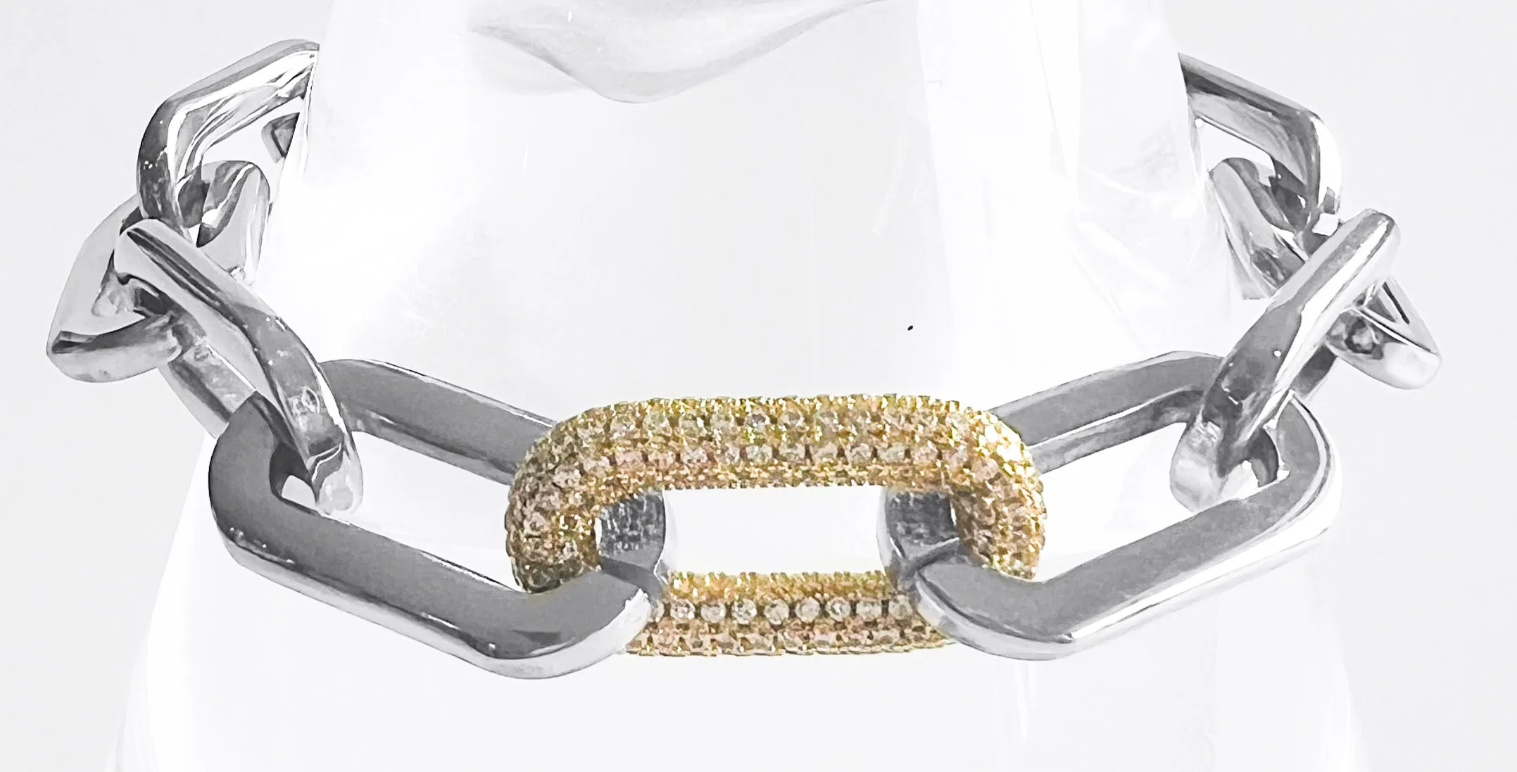 Paper Clip Micropave Link Bracelet - Silver/Gold