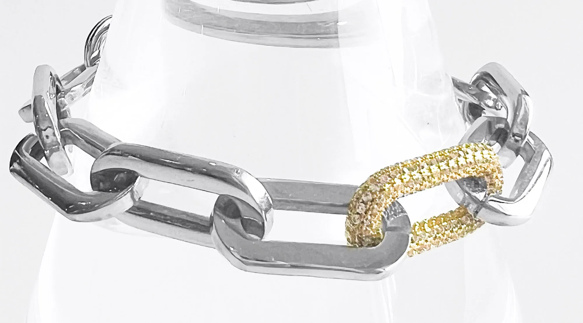 Paper Clip Micropave Link Bracelet - Silver/Gold