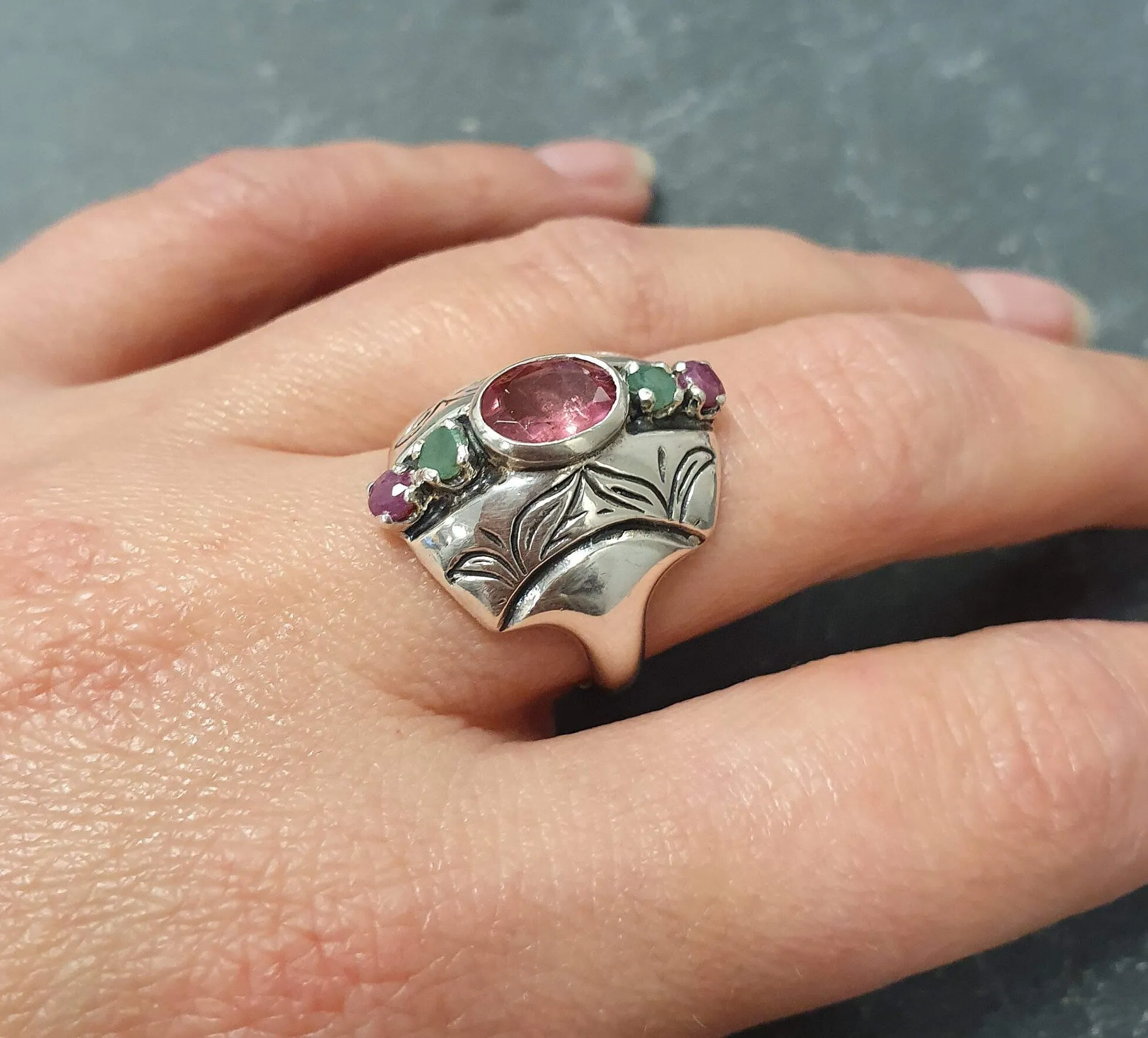 Pink Tourmaline Ring - Multistone Boho Ring - Chunky Vintage Ring
