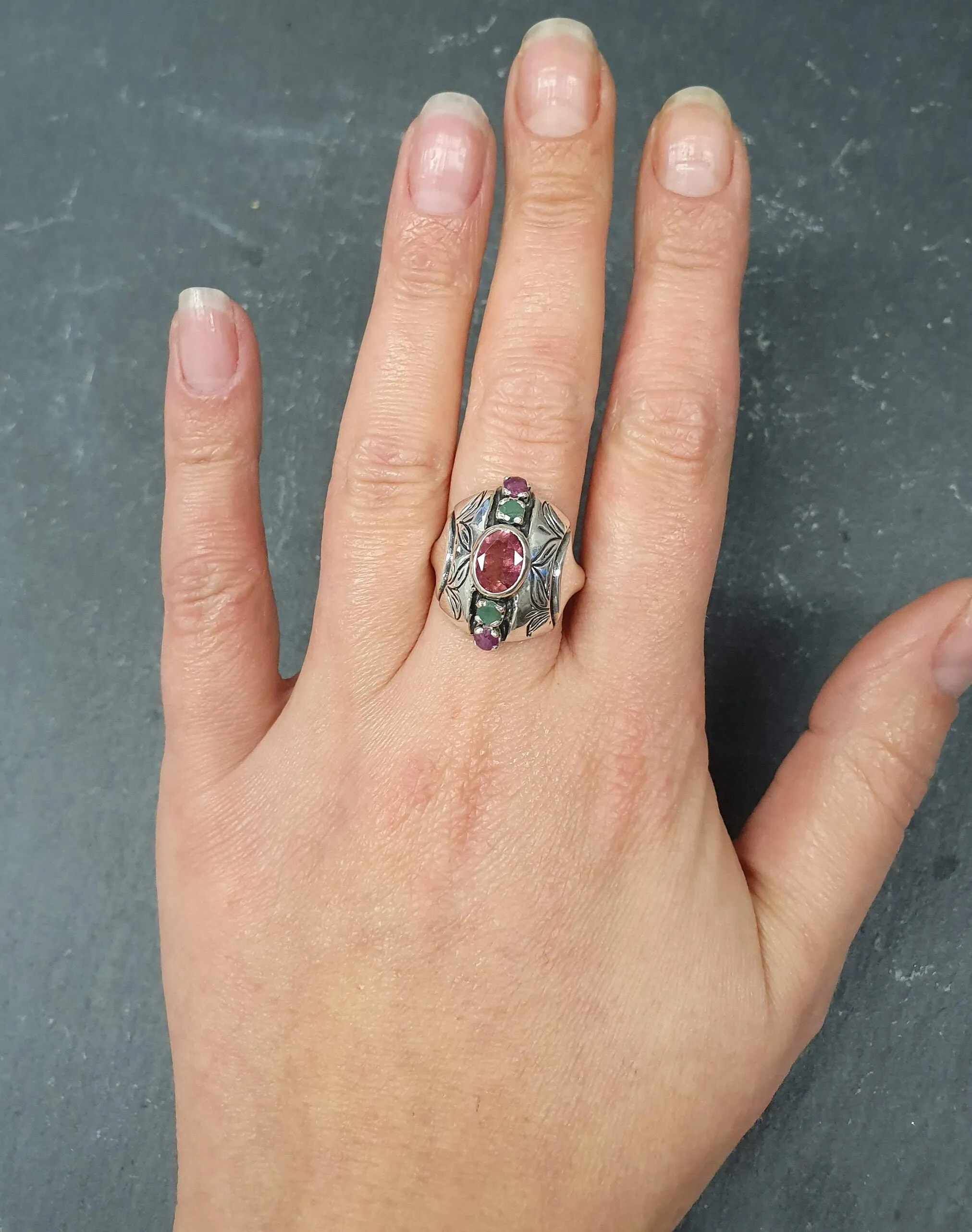 Pink Tourmaline Ring - Multistone Boho Ring - Chunky Vintage Ring