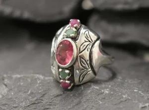 Pink Tourmaline Ring - Multistone Boho Ring - Chunky Vintage Ring