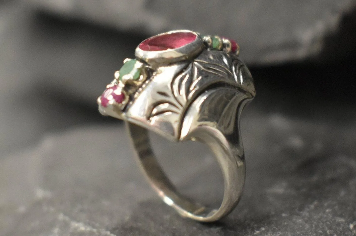 Pink Tourmaline Ring - Multistone Boho Ring - Chunky Vintage Ring