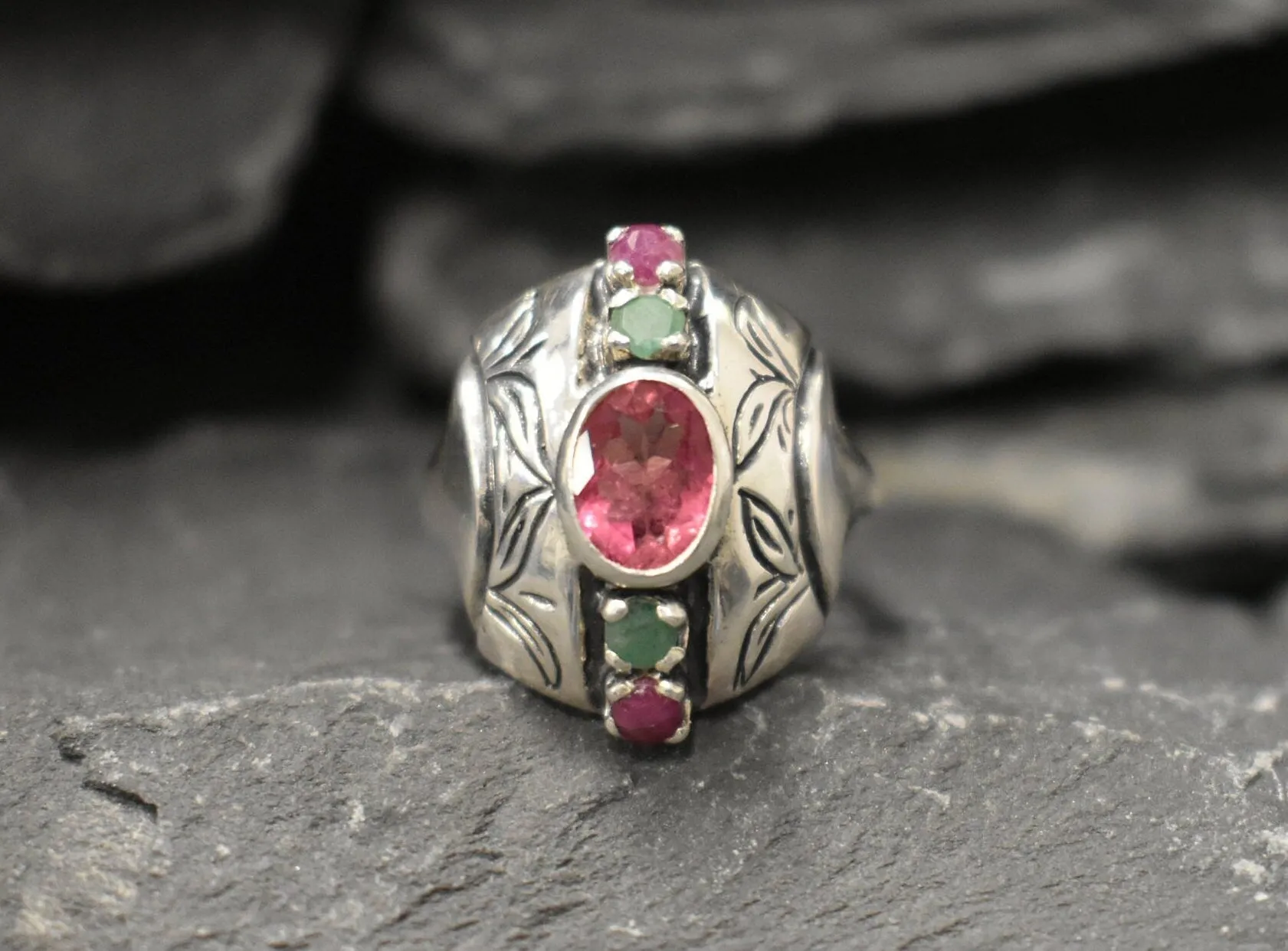 Pink Tourmaline Ring - Multistone Boho Ring - Chunky Vintage Ring