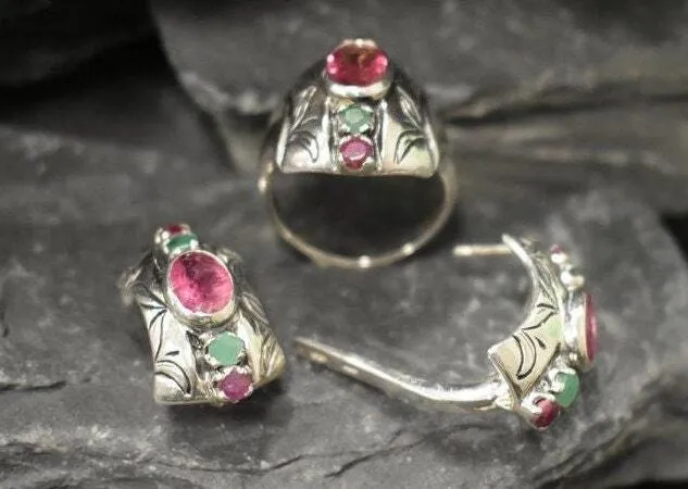 Pink Tourmaline Ring - Multistone Boho Ring - Chunky Vintage Ring