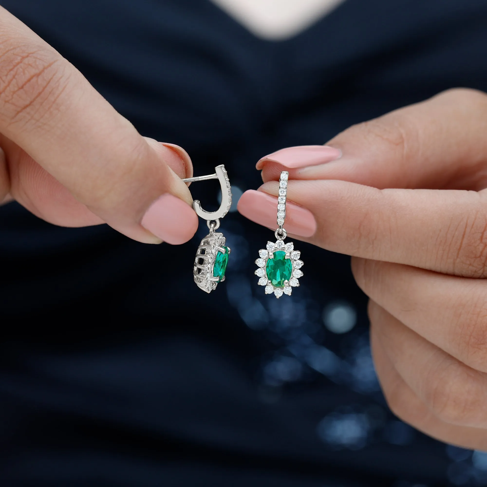 Princess Diana Inspired Lab Grown Emerald Drop Earrings With Moissanite