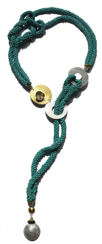 RAIN Dramatic Four Strand Czech Glass Hand-Sewn Lariat Necklace in Turquoise or Olive with Mixed Metals from the BEADED Collection