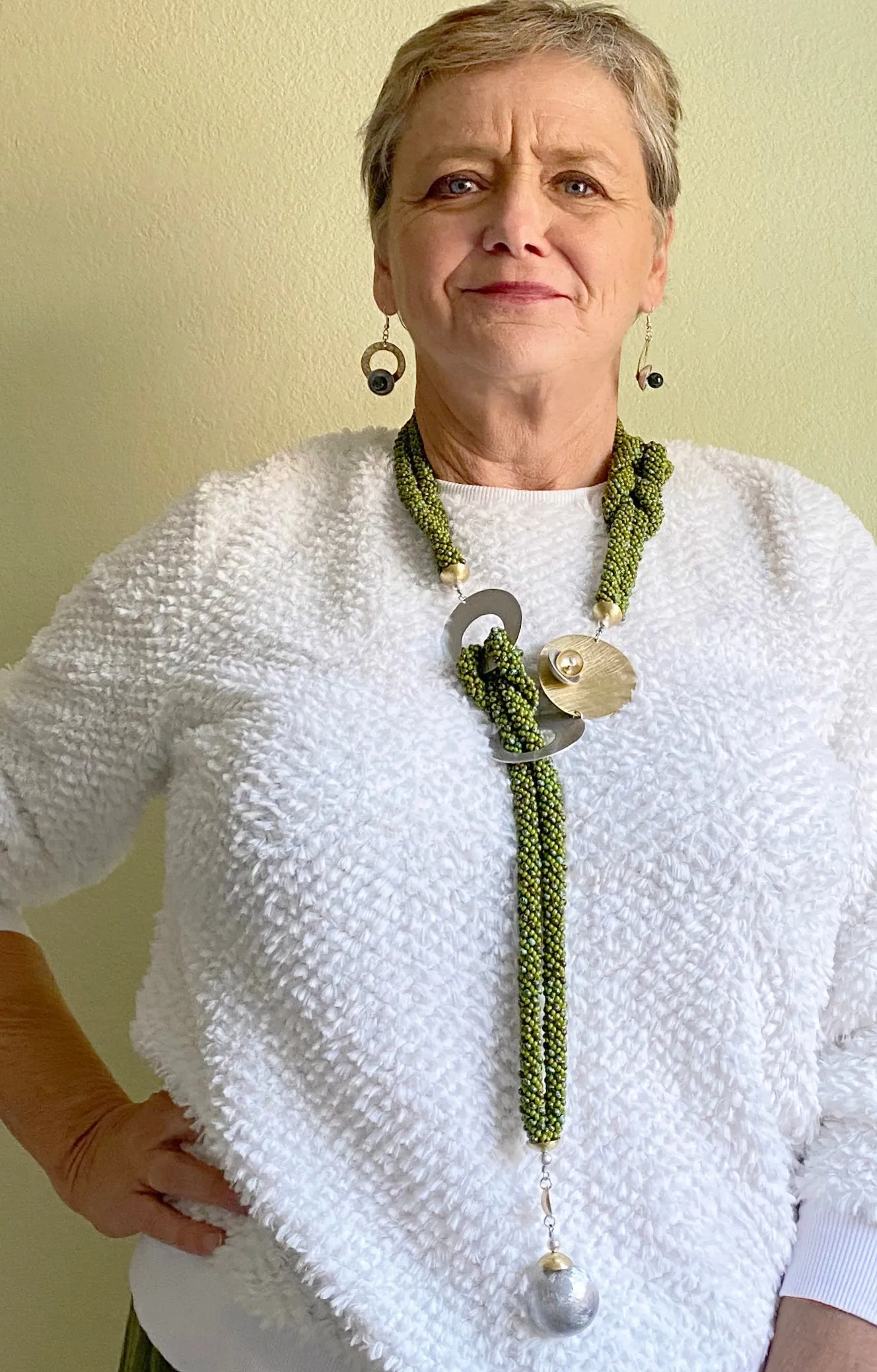 RAIN Dramatic Four Strand Czech Glass Hand-Sewn Lariat Necklace in Turquoise or Olive with Mixed Metals from the BEADED Collection
