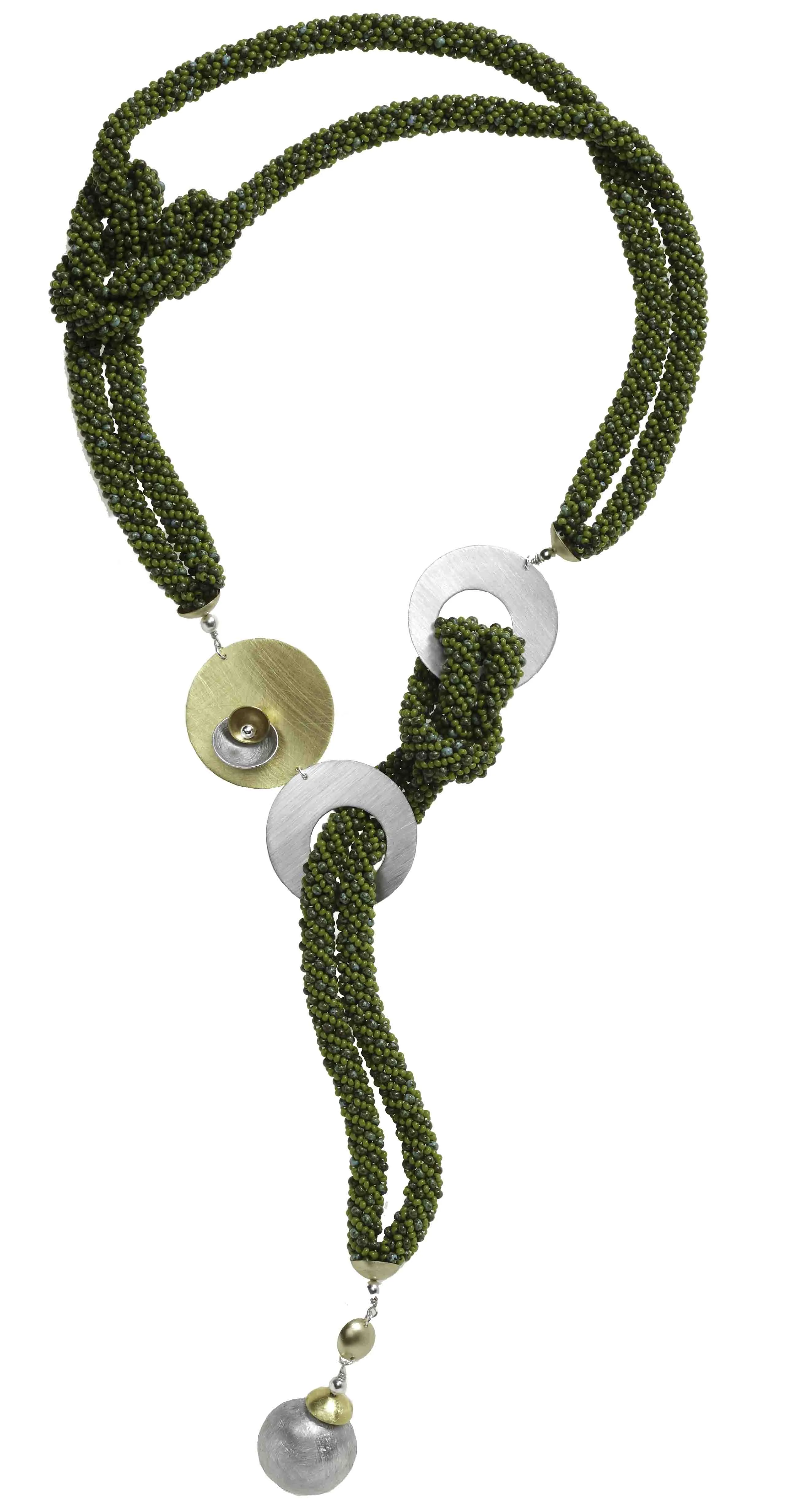 RAIN Dramatic Four Strand Czech Glass Hand-Sewn Lariat Necklace in Turquoise or Olive with Mixed Metals from the BEADED Collection