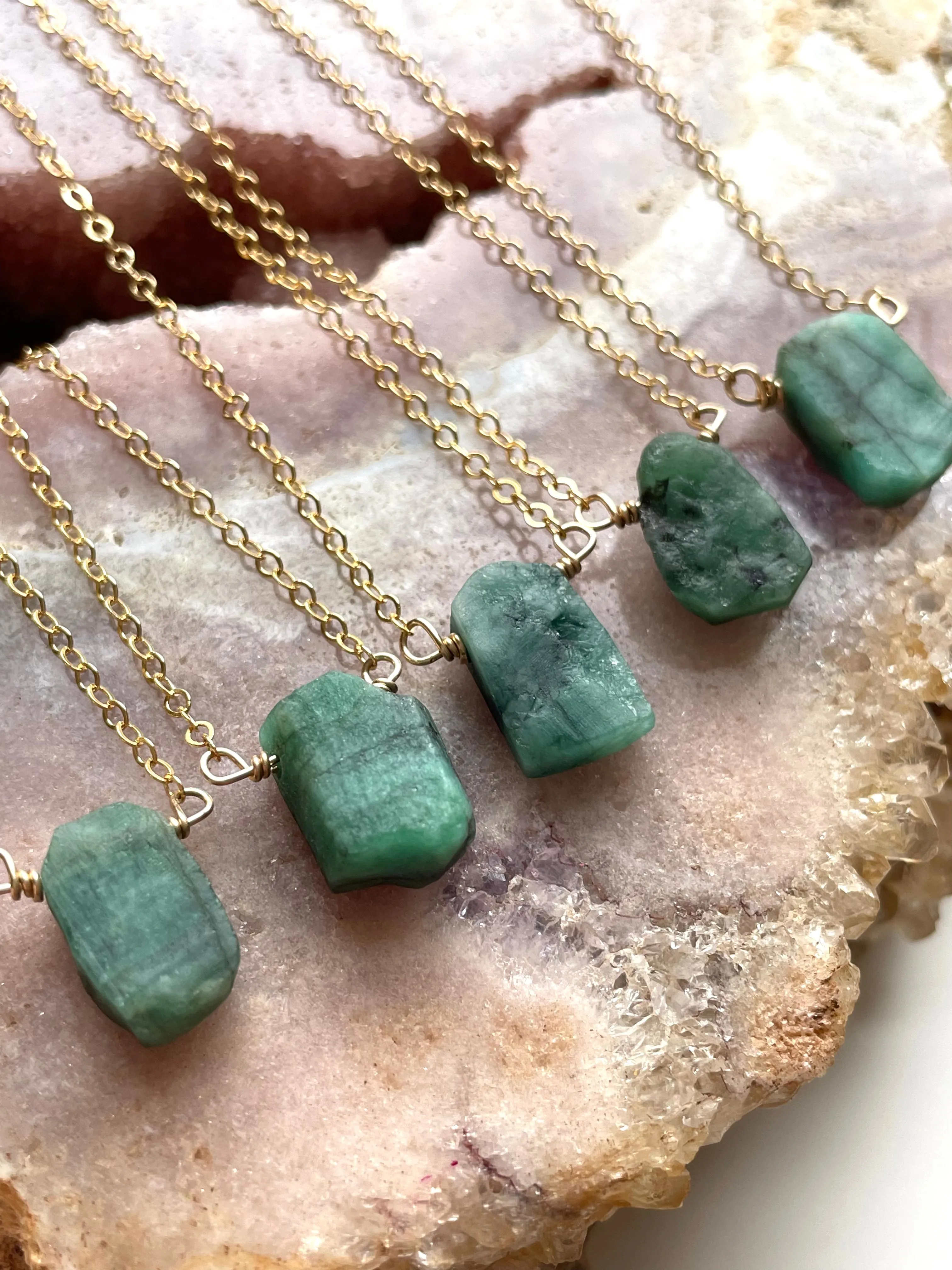 Raw  Emerald Pendant Necklace 14k Gold Filled or Sterling Silver Chain