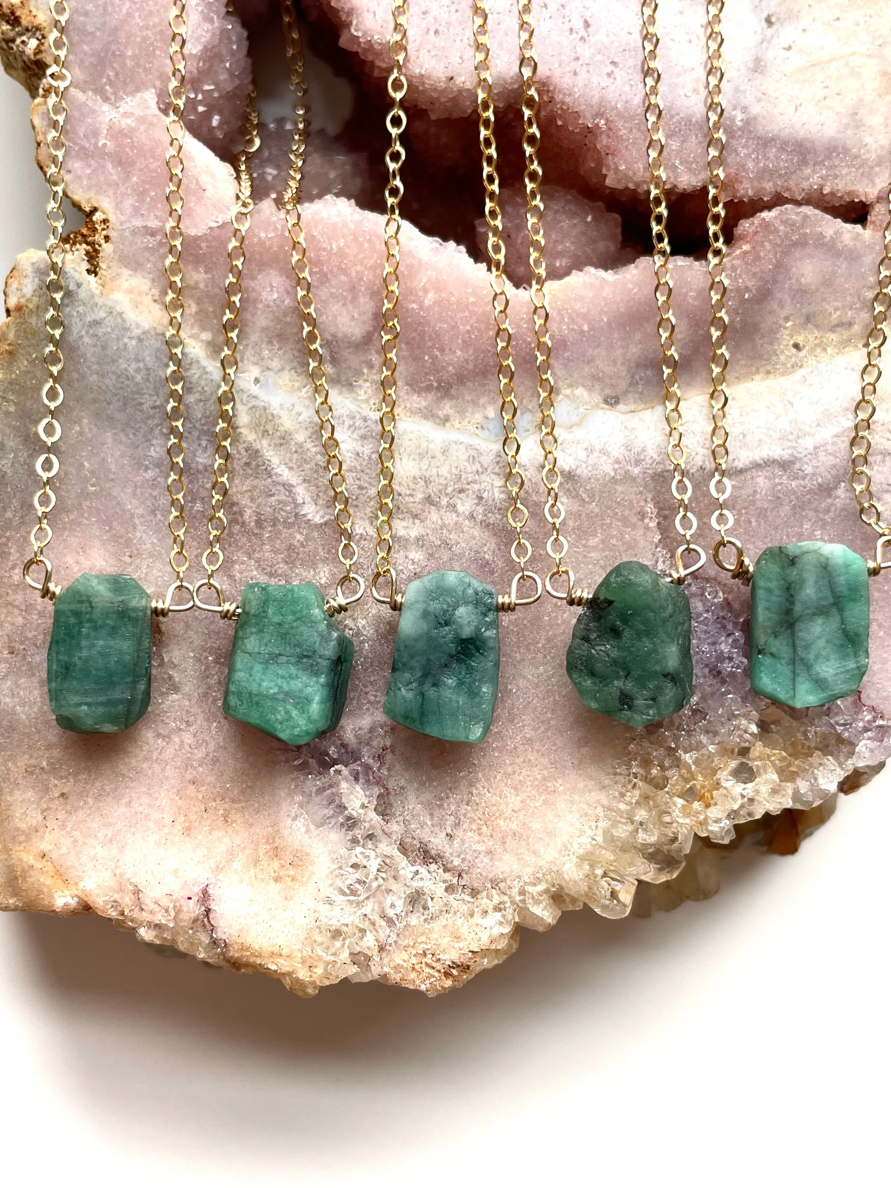 Raw  Emerald Pendant Necklace 14k Gold Filled or Sterling Silver Chain